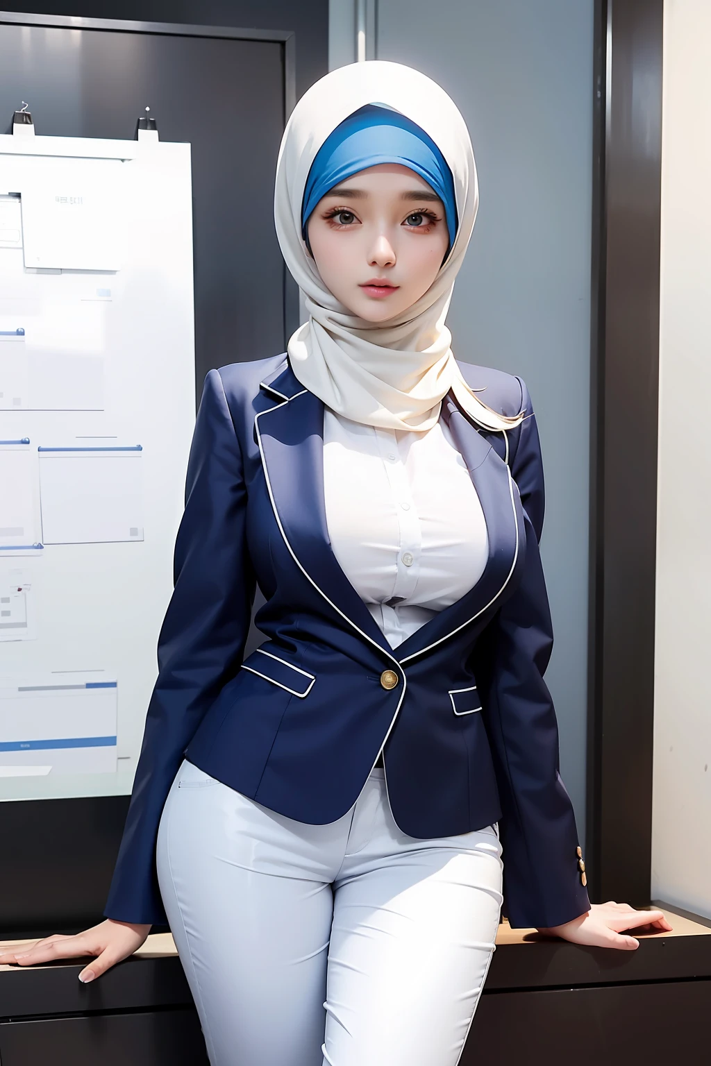 pretty girl with angelic face wearing blue blazers long trouser and hijab standing in front of office, ((hijab)), (office uniform), oppai, stunning sexy photoshot, sfw very big breasts, korean model, beautifull korean girl, breast proportion, body proportions,