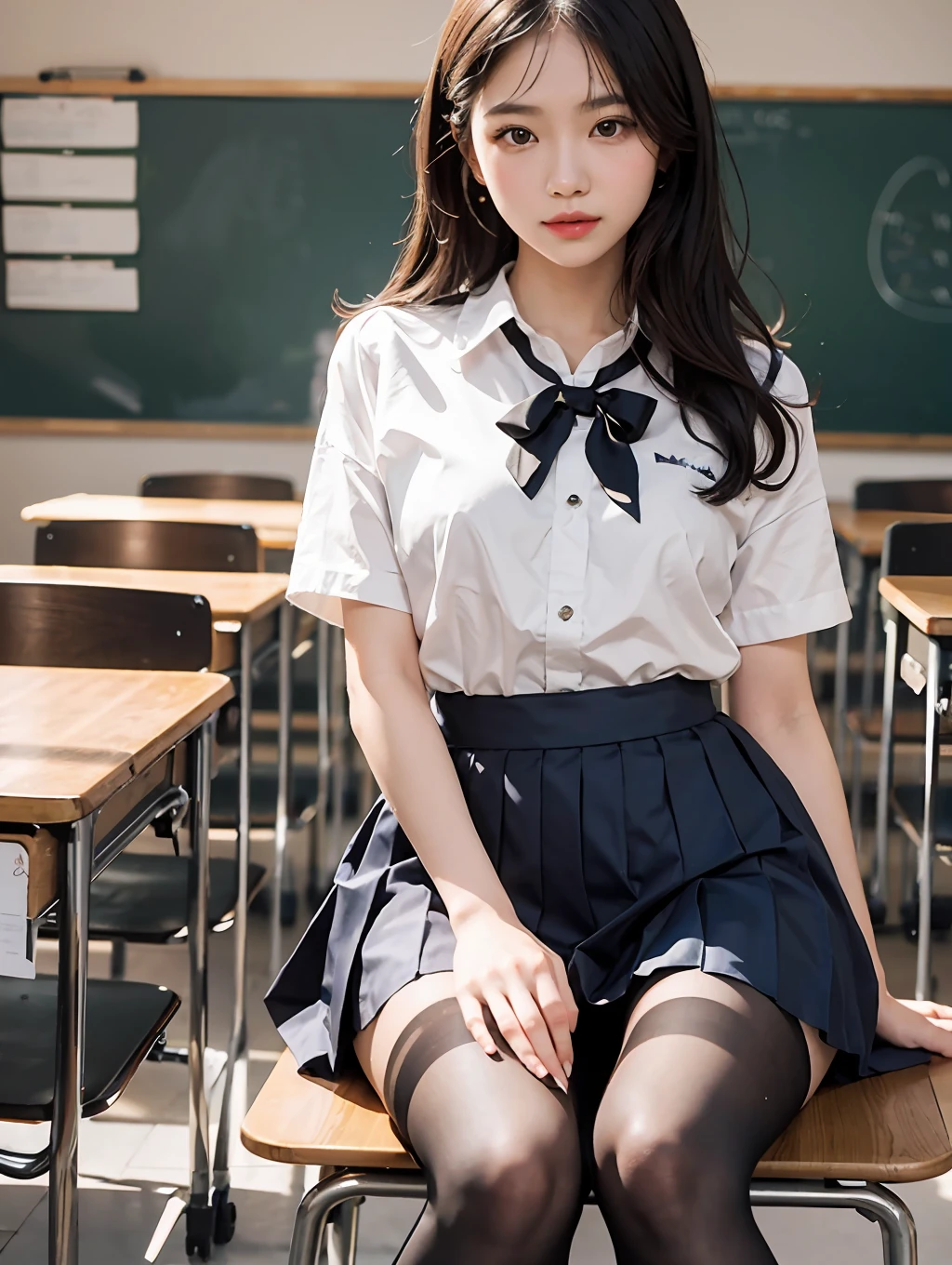 Masterpiece, Best Quality, Ultra Detailed, Illustration, Colorful, FAQ Color, Depth of Field, Lens Glow, 1girl, Hong Kong Beauty, Royal Sister Style, Sexy Style, Seated, Brunette Hair, Looking at the Audience, School, Classroom, Pleated Miniskirt, School Uniform, Serafuku, Black Pantyhose, Delicate Skin Texture, Fine Fabric Texture, Beautiful and Meticulous Face,
