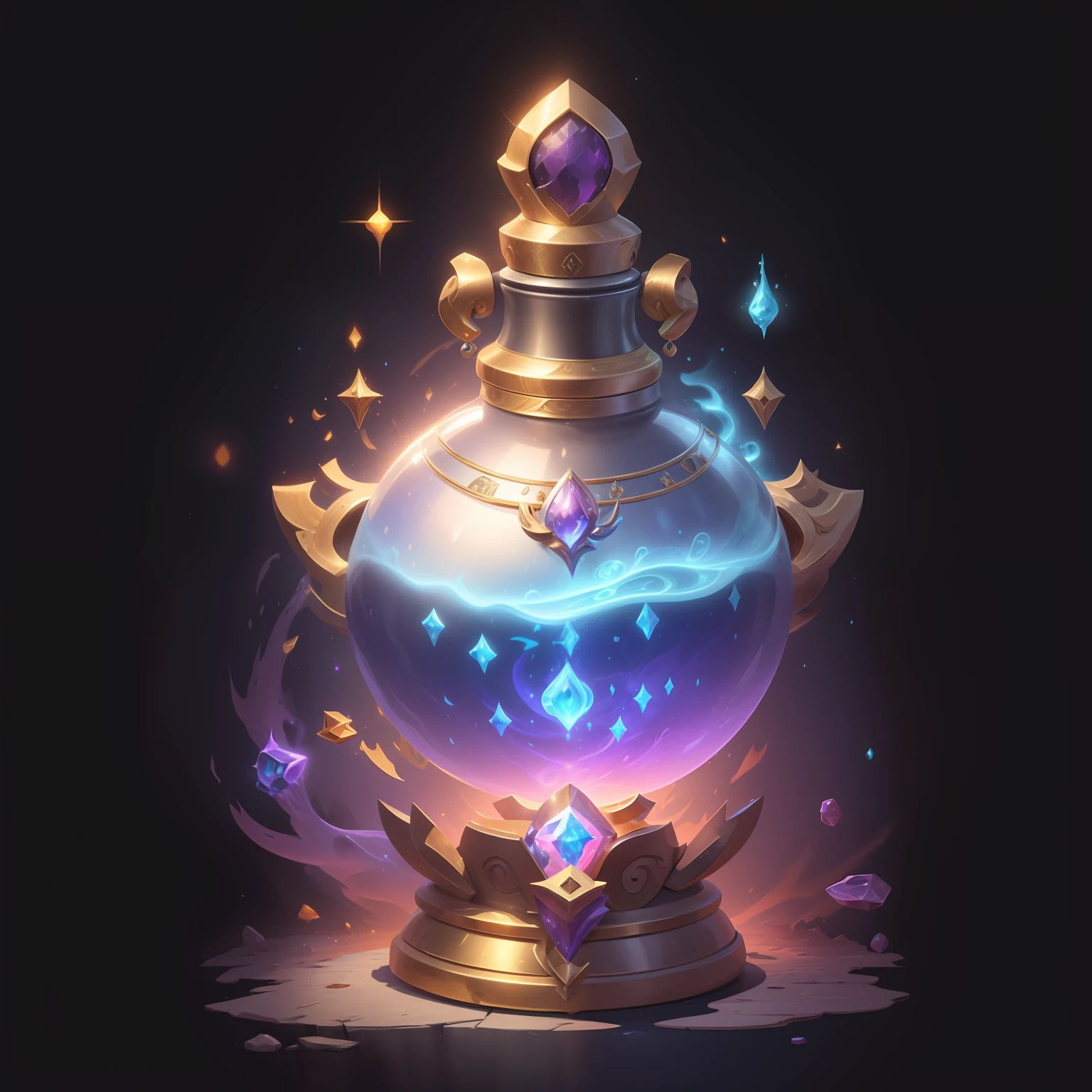 um close up de uma garrafa com uma luz brilhando sobre ela, concept art magical highlight, painting of one health potion, potion of healing, magical potions, fantasy game spell, fantasy game spell symbol, frasco de estrelas, estilo de arte de jogo de fantasia, holy fire spell art, magic items, fantasia estilo de arte hearthstone, Magical artifact, estilo de arte arcano, shiny potions