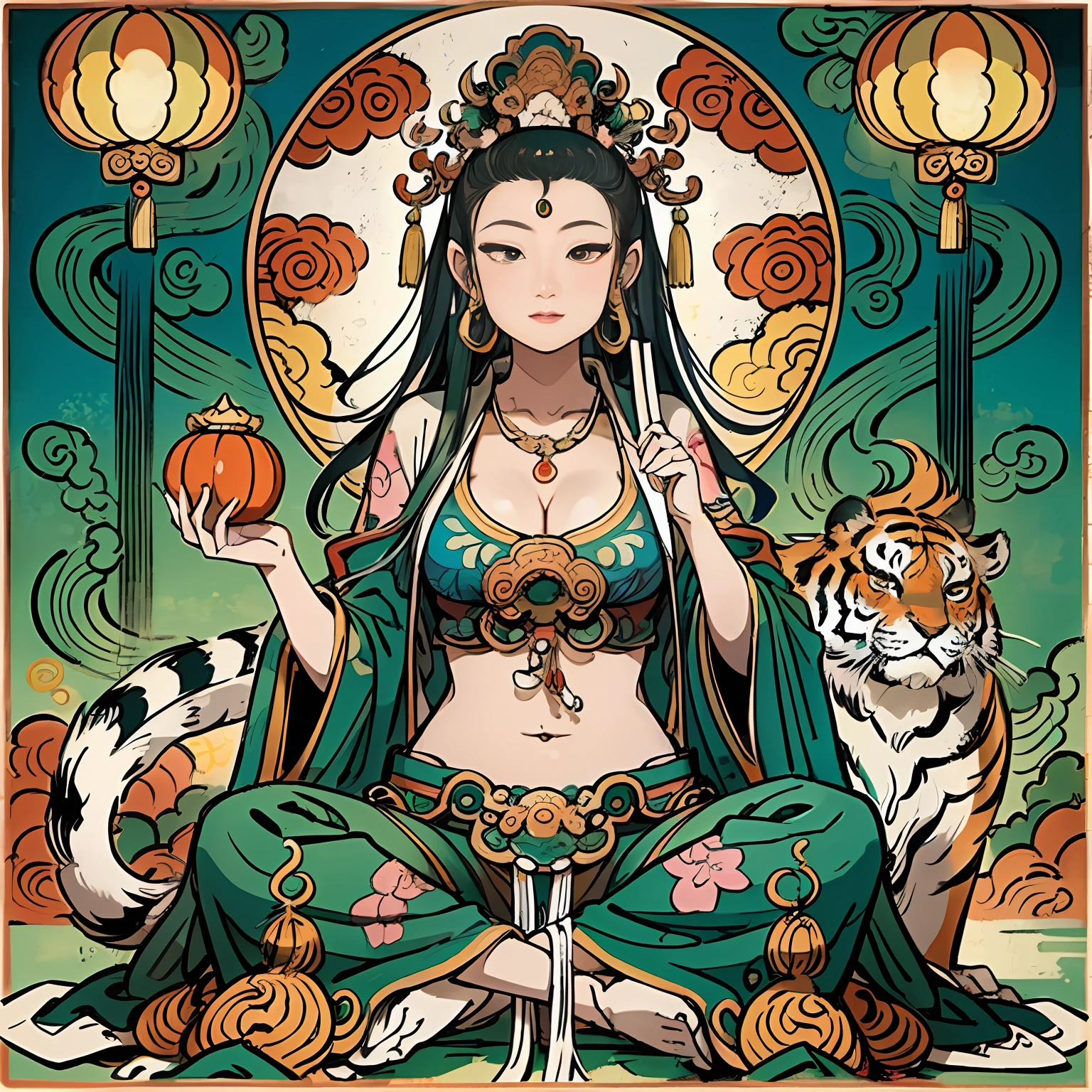 an ancient Chinese goddess, guanyin of the southern seas, Guanyin, Inspired by India, Avalokiteshvara rides a tiger，,Serene expression,shui mo hua,Buddha,Buddhist,Lotus,Chinese painting style,Thangka style