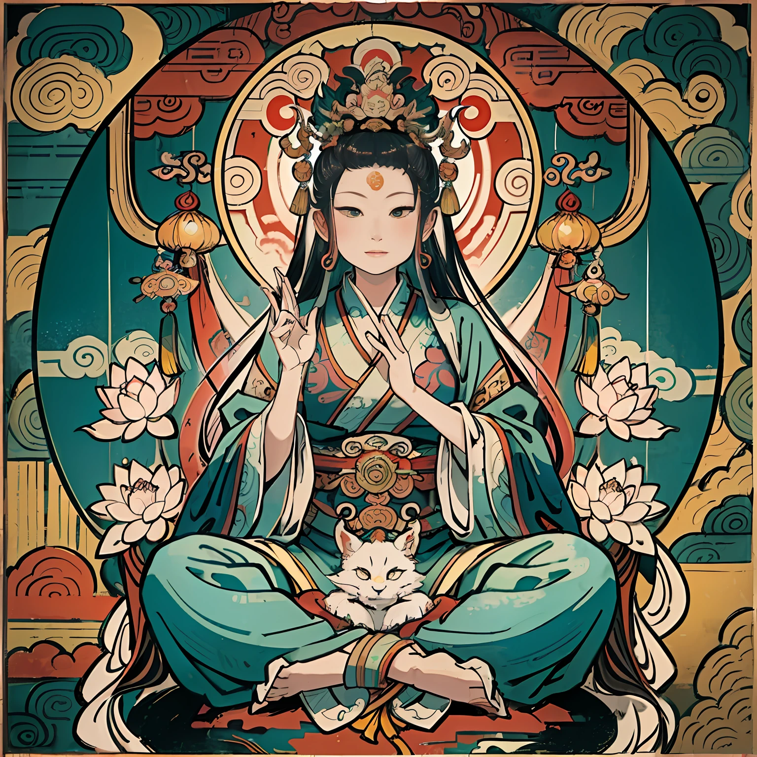 an ancient Chinese goddess, guanyin of the southern seas, Guanyin, Inspired by India, Avalokiteshvara rides a phoenix,,Serene expression,shui mo hua,Buddha,Buddhist,Lotus,Chinese painting style,Thangka style