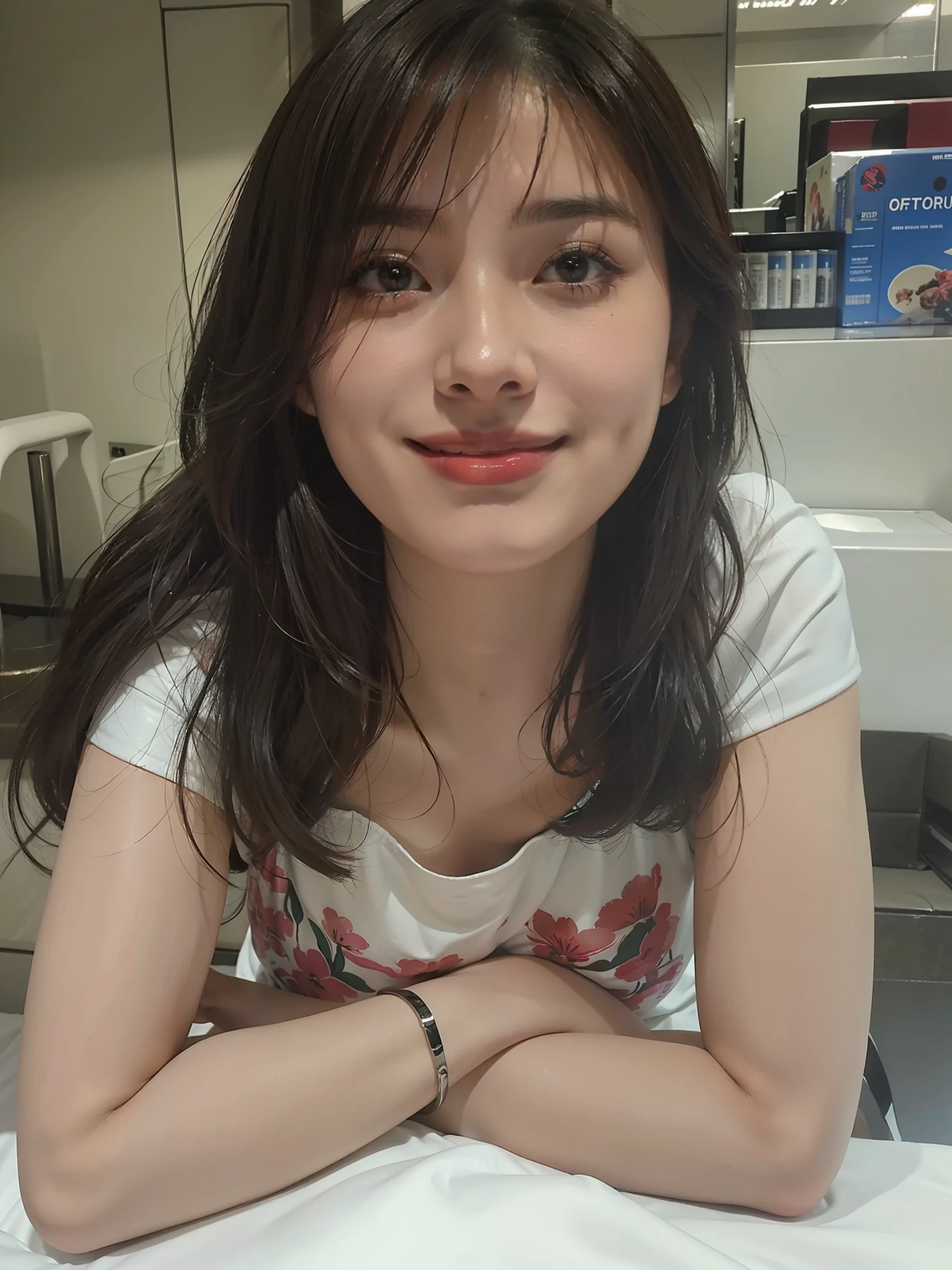 1girl, offshoulder, light smile, shiny skin
best quality, masterpiece, (photorealistic:1.4)