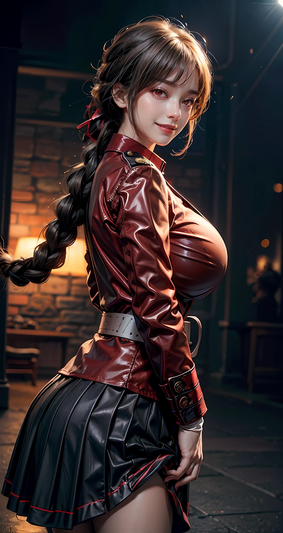 "Ultra realistic illustration and hyperrealistic of dramatic aafng,braid,large breasts,military uniform,red jacket,strap between breasts,white gloves,belt,pleated skirt,black skirt,white pantyhose,medium full shot,standing,outdoors,looking at viewer,arms at sides,straight-on,(gigantic breasts:1.5),narrow waist,(forced smile:1.5),(red eyes:1.5),(huge ass)",pixabay,8k,vivid,cinematic lighting,(extremely detailed),(depth of field:1.5)