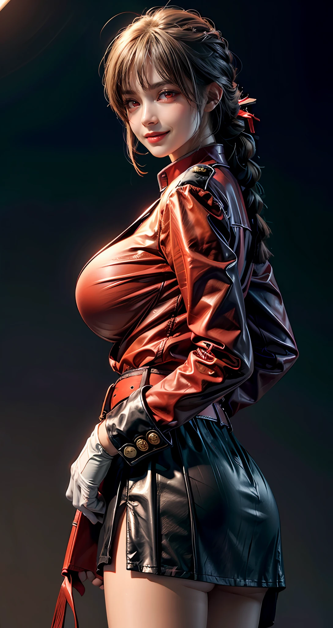 "Ultra realistic illustration of dramatic hyperrealistic aafng,braid,military uniform,red jacket,strap between breasts,white gloves,belt,pleated skirt,black skirt,white pantyhose,cowboy shot,standing,outdoors,looking at viewer,arms at sides,straight-on,(gigantic breasts:1.5),narrow waist,(forced smile:1.5),(red eyes:1.5),(huge ass)",pixabay,8k,low angle shot,vivid,cinematic lighting,(extremely detailed),(depth of field:1.5)