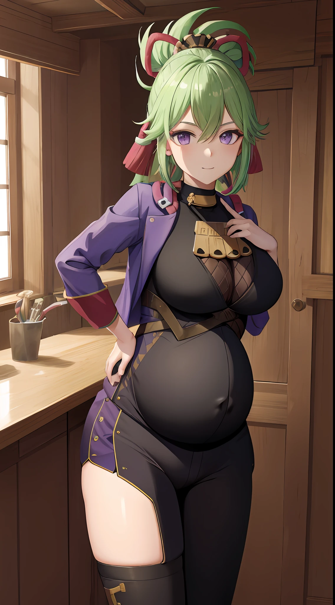 TakaRi, 独奏, 1girll, whaite hair, long whitr hair, Purple eye, ssmile, standing on your feet, dynamicposes, 8K, tmasterpiece, best qualtiy, absurderes, Perfect anatomy, cinmatic lighting, cowboy lens, (Police uniform:1.1), trouser,Pregnant belly,Pregnant belly