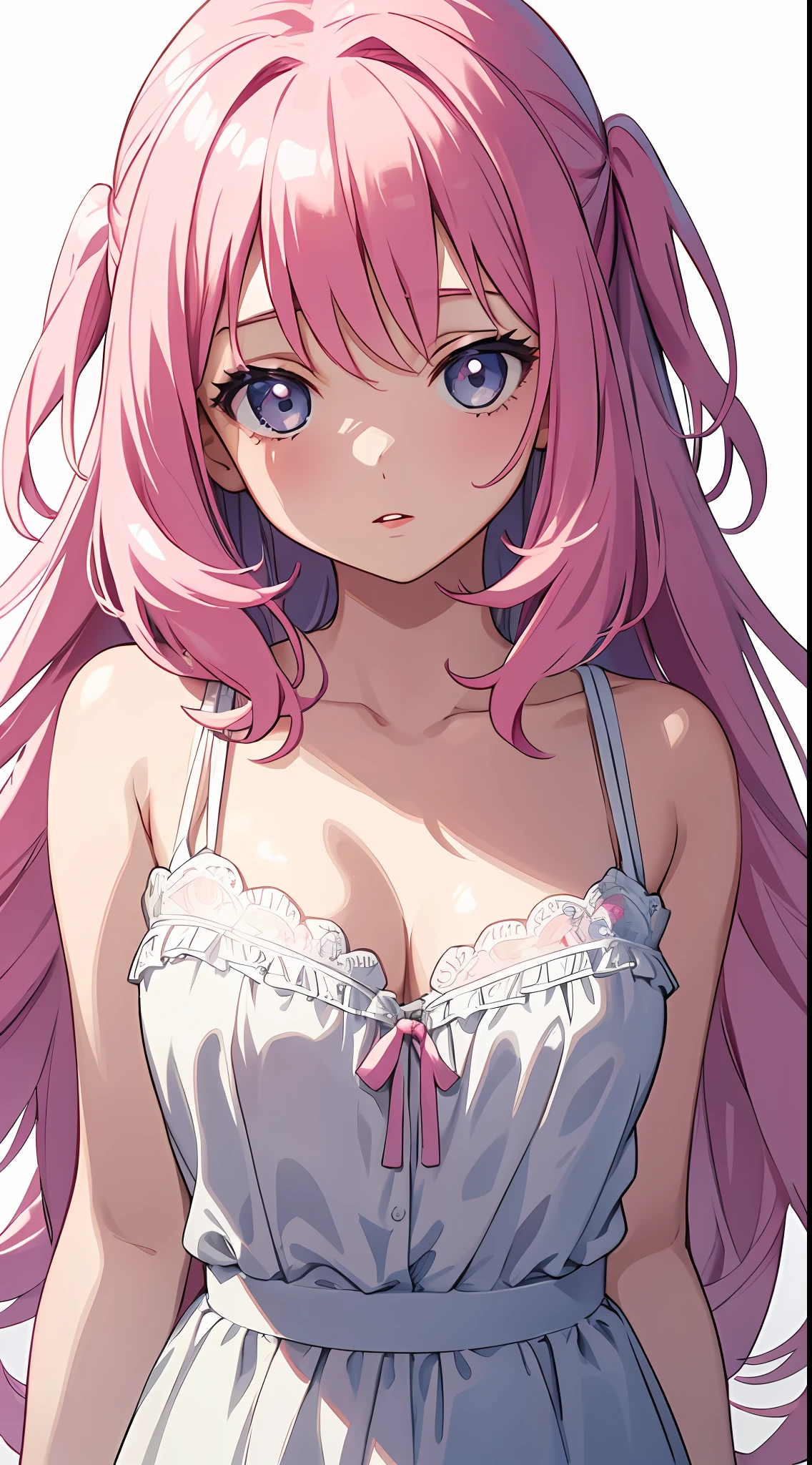 a lovely kid giredish pink lips,Wearing a bright white shirt,Pastel palette aurora punk style,Anime illustration of her face,Animated GIFs,hand-drawn animation,Captivating sketch,Smooth and shiny,Hazy romanticism,Super Flat Style,White background -- ar 1:1--niji 5--style expressive--s 50,cleavage,Large breasts,The shoulder straps slip off