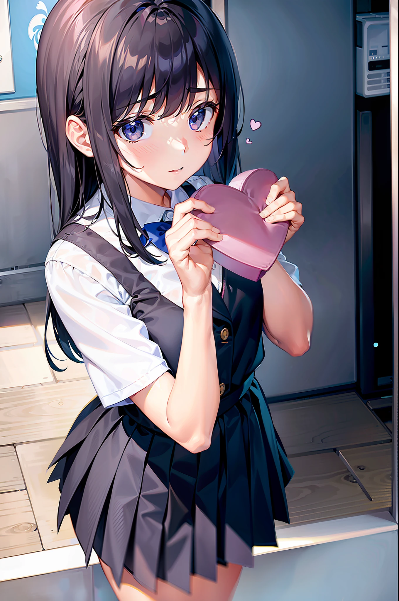 1 girl, school uniform, making a confession, ashamed, looking at viewer, from above, (hiding a white envelope with heart mark behind)