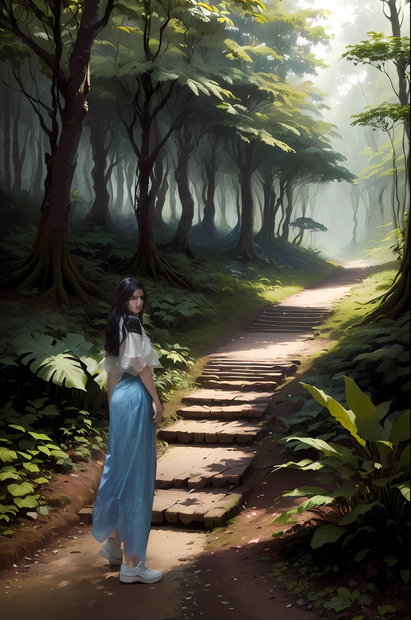 there is a woman standing on a path in the woods, standing in the mystical forest, in a tropical forest, girl walking in forest, in deep forest, walking around in forest, on forest path, realistic fantasy render, walking around in a forest, in the magical forest, walking through the forest, walking in forest, walking in the forest, walking through a lush forest