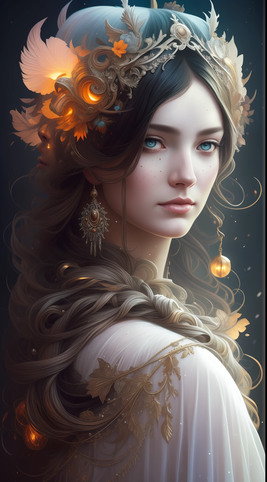 Goddess of snow. Beautiful: by Stephen Gammell and Giuseppe Arcimboldo: Russ Mills: Amanda sage: Matt hubel: professional photography: Vladimir manyukhin: Dan mumford Holographic moody: imposing: arcane: ethereal: magnificent: cinematic: masterpiece: divine: amazing depth of field: beautiful nature: 8k resolution beautiful celestial glowing filigree imagination dreamlikeart hyperdetailed highly intricately detailed hypervivid centered head and shoulders portrait, 8k resolution concept art portrait by Greg Rutkowski, Artgerm, WLOP, Alphonse Mucha dynamic lighting hyperdetailed intricately detailed Splash art trending on Artstation triadic colors Unreal Engine 5 volumetric lighting"