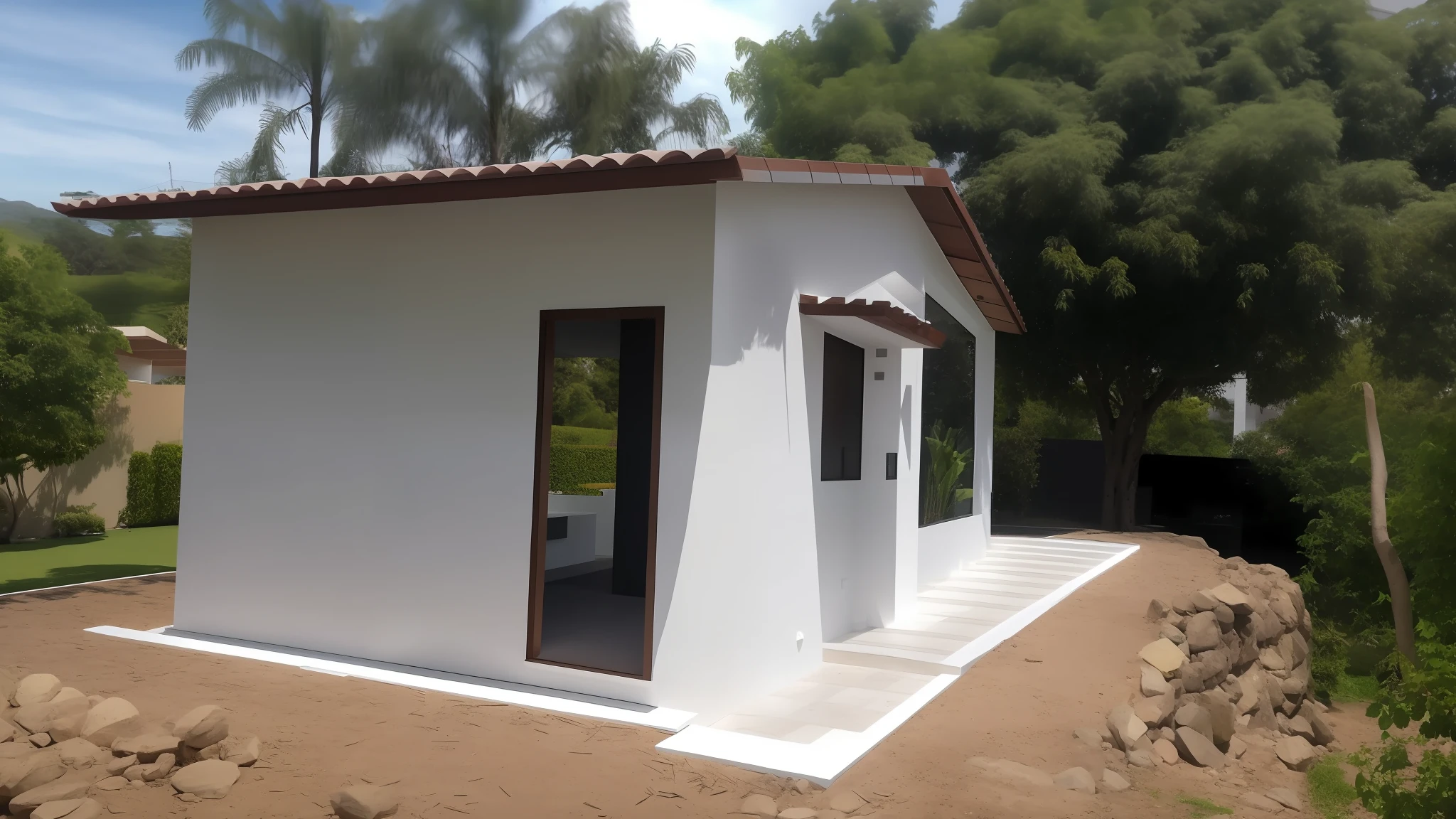 There is a small white building, which is being built with lawn around,, Frente, vista frontal, Vista frontal, vista lateral, lado - vista, casa completa, vista externa, Frente cheia, Lumion Pro rendering, Directed by: CeFerí Olivé, vista lateral frontal, Front view, vista exterior, side view, front view dramatic, Vista lateral acima, vista de lado, Vista frontal