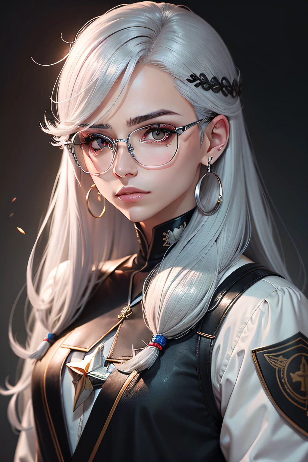 silver hair, over-rim eyewear, mole under eye, crescent earrings, jitome, high detail, ray tracing, character chart, panorama, Canon, retina, 16k, best quality, textured skin, super detail