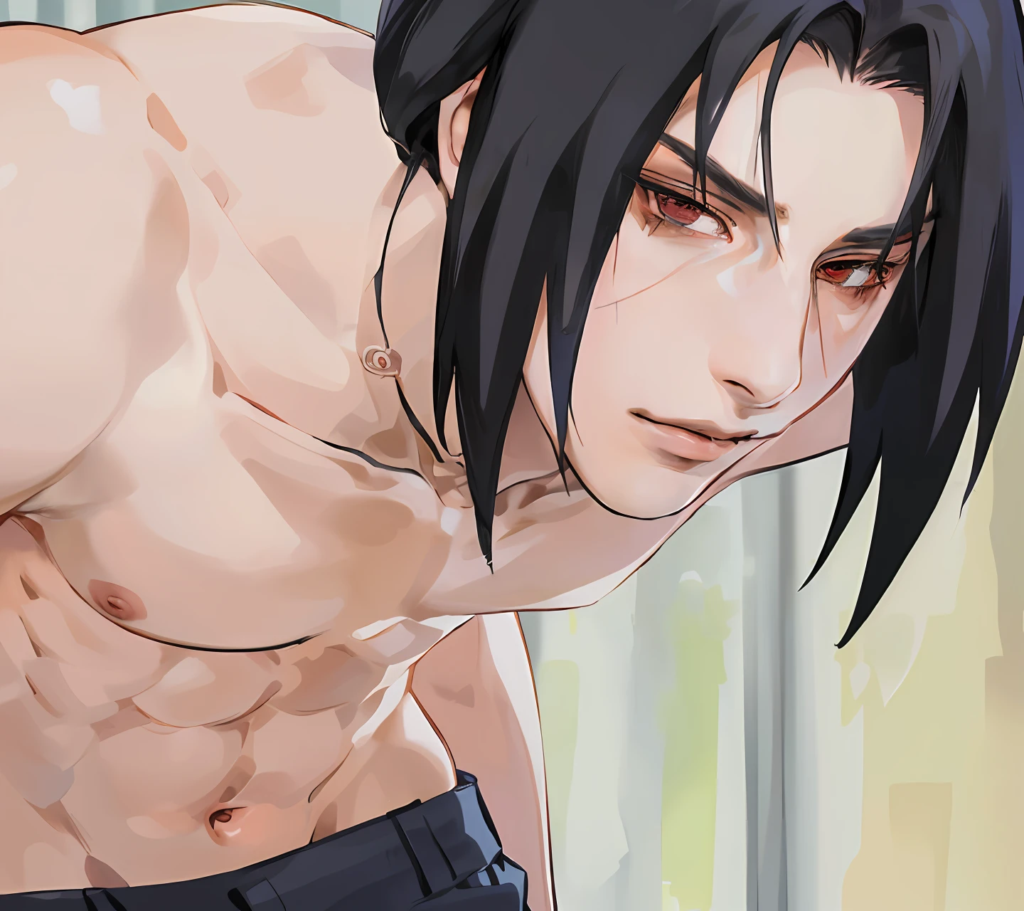 Shirtless man leaning against camera, itachi uchiha, Itachi, Uchiha Itachi, (rosto detalhado), ((arrumar rosto)), olhos pretos, boca fechada com um pequeno sorriso sedutor.