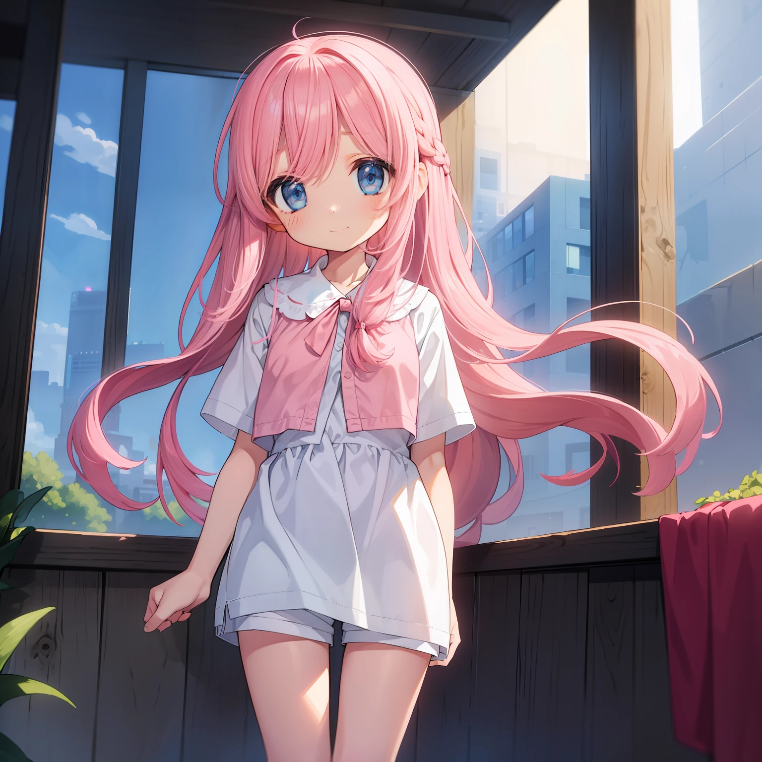 Beautiful illustration, Best Quality, (12-year-old girl)、cute petit girl,Lori、(Chino shorts with tunic layers)、Tunics are white、(Chino shorts are pink)、Thighs visible through the gap in shorts、Thigh gap、 Beautiful blue eyes, Cinematic lighting,A slight smil,(Long pink hair)、Braiding of the occipital part、Occipital１2 large black ribbons