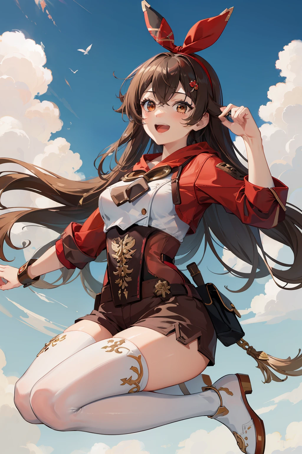 (masterpiece), (best quality), (ultra detailed),(disheveled hair),(illustration), (1girl), long brown hair, red headband, red sleaves, brown shorts, white shirt, white socks, blue sky white clouds, jumping in the air, happy smile