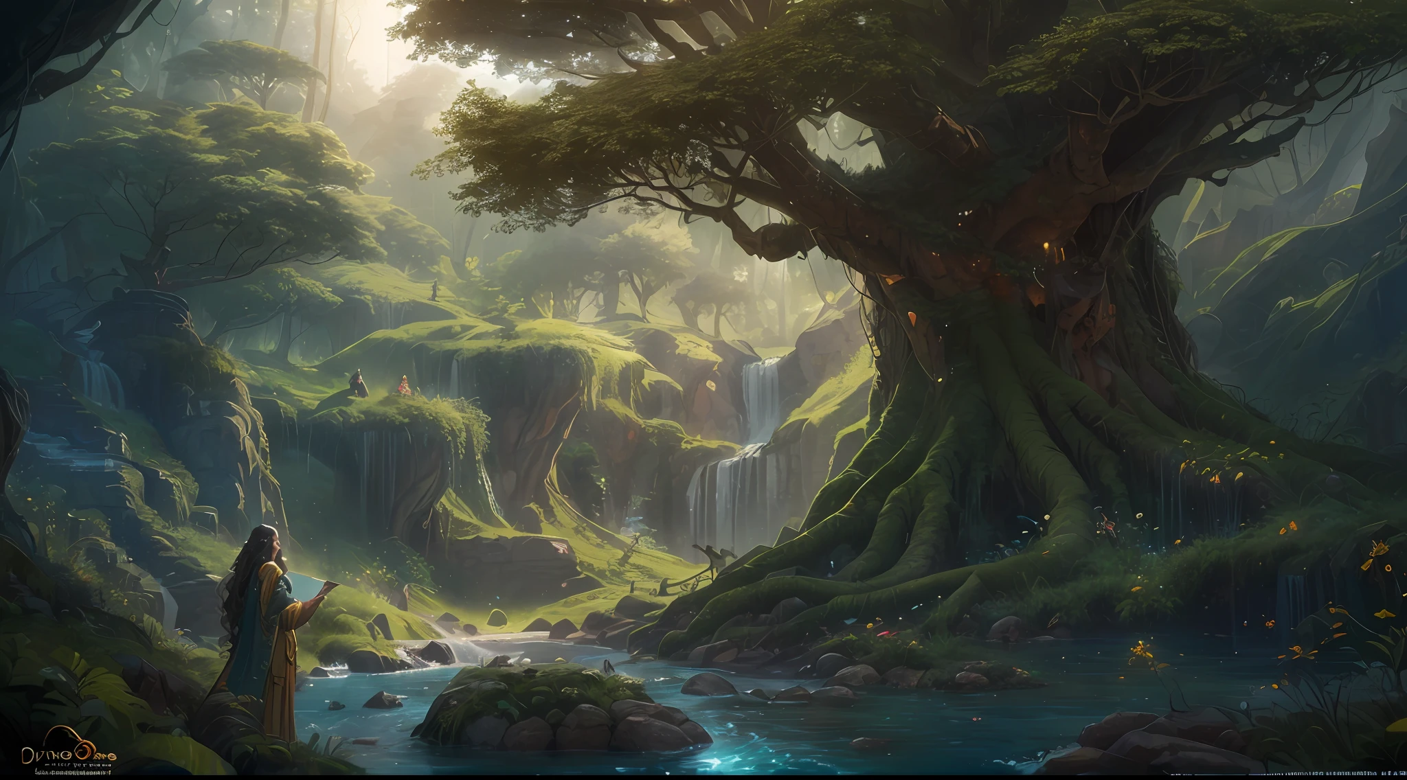 high details, best quality, 8k, [ultra detailed], masterpiece, best quality, (extremely detailed), dynamic angle, ultra wide shot, photorealistic, fantasy art, dnd art, rpg art, realistic art, an ultra wide picture of druid grove in a fantasy forest and its druid warden observing all, a fantasy forest (intricate details, Masterpiece, best quality: 1.5), many trees, a stream of water (intricate details, Masterpiece, best quality: 1.5), waterfall (intricate details, Masterpiece, best quality: 1.5), human female druid, full body (intricate details, Masterpiece, best quality: 1.5), exquisite beautiful woman druid (intricate details, Masterpiece, best quality: 1.5), ultra detailed face (intricate details, Masterpiece, best quality: 1.5), black hair, long hair, wavy hair (intricate details, Masterpiece, best quality: 1.5),, dynamic eyes color, fair skin, wearing blue cloak (intricate details, Masterpiece, best quality: 1.5), green robe (intricate details, Masterpiece, best quality: 1.5), cinematic light, pastoral atmosphere, divine light, gods rays,
