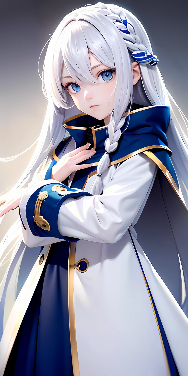 Need,tmasterpiece,whaite hair,Blue eyes,Manteau blanc,Side Body,The upper part of the body,Hairline,Fair skin,SideBraid,1girll,