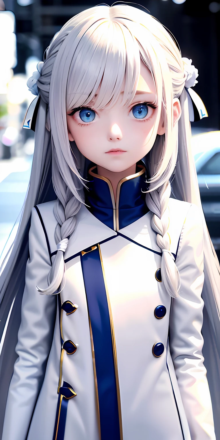 Need,tmasterpiece,whaite hair,Blue eyes,Manteau blanc,Side Body,The upper part of the body,Hairline,Fair skin,SideBraid,1girll,