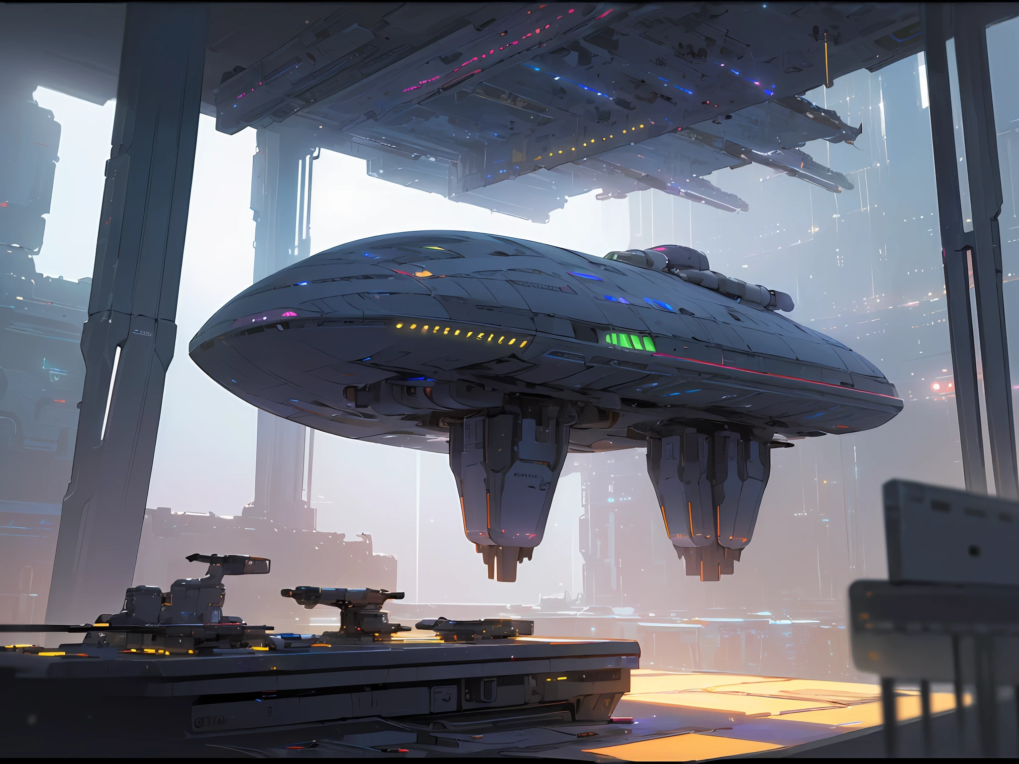 (((8k, foto RAW, melhor qualidade, obra-prima mattepainting inspirada no artista de matte albert withlock:1.4))), ultra high-resolution, ultra-detalhado, illustration, An astonaut waking up in his spaceship looking into infinite space behind a tall window on the side of the ship and in the foreground of the scene, This is a sci-fi environment,apenas, fiction sci-fi scene, add some small objects up in the table in the room in the back of a astronaut a wall of a spaceship like H.G.Giger drawn, constructions and many bottons and windowns in the spaceship, futuro, imaginando, matte painting of the scene in high resolution and colors of a universe , a spaceship floating in the universe