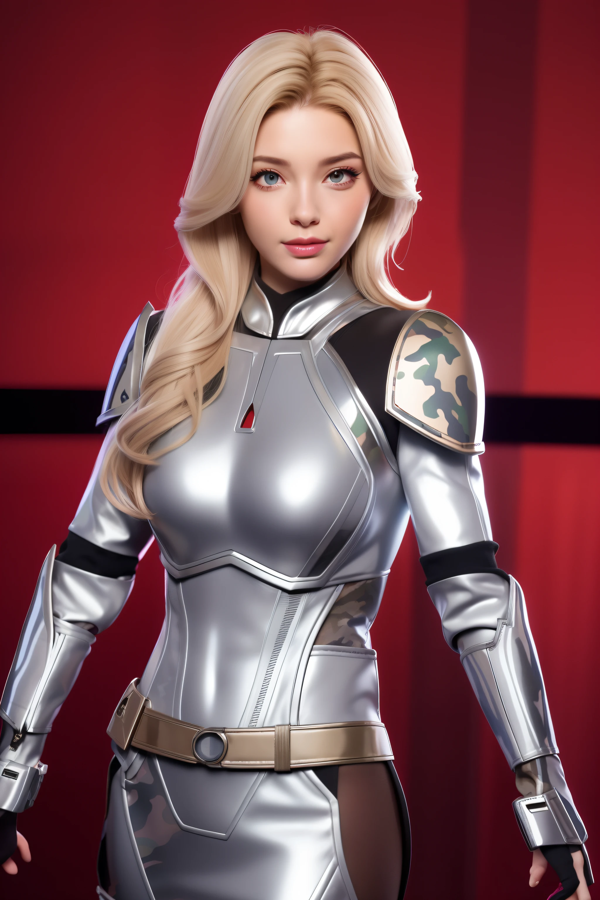Beautiful Face Woman、a blond、Silver camouflage pattern background、 Beautuful Women、18year old、prety woman、hyper realistic photography、High-definition photos、red lipsticks、Mandalorian style miniskirt suit in metal armor、The skin is not very exposed、Do not cut your head off the screen、Camouflage skirt、Facing the front、