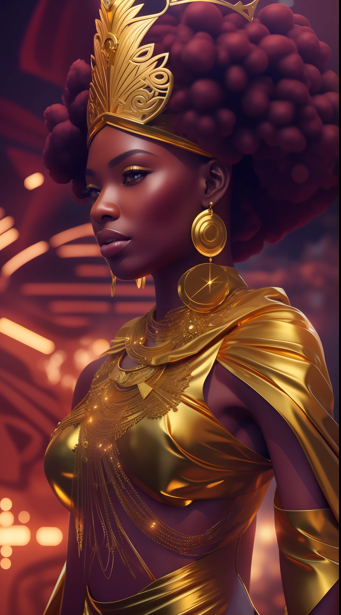 a close up of a woman with a gold dress and a crown, dark skin female goddess of love, epic 3 d oshun, afrofuturism, rossdraws | afrofuturism, cgsociety 8k, cgsociety 8 k, cgsociety 8k, cinematic goddess close shot, stunning digital illustration, trending in cgsociety, trending on artstation 4k