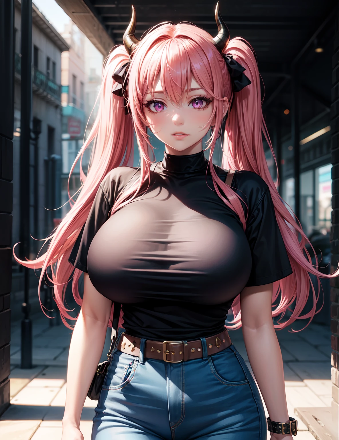 4k, twin tails ,Lens flare, pink hair ,mascara, eyeliner, god rays, 4k, 8k, best quality, masterpiece, hyper detailed, intricate detail, 1girl, solo, detailed, Detailed fuschia hair ++, detailed pink eyes ++,  raytracing, perfect shadow, highres, enhanced eyes,  huge breasts, horns, seductive,  hyper detailed, interesting background, , detailed face,  volumptuous, colourful background,
Distressed Skinny Jeans, Studded Belt, Band Tee