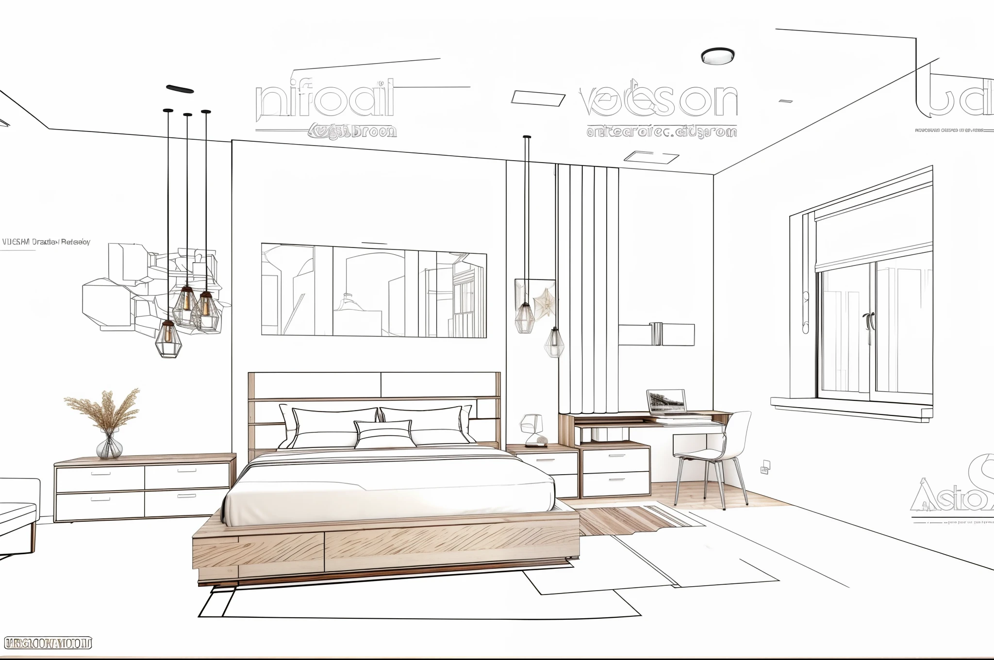 Masterpiece, high quality, best quality, authentic, super realistic, super detail, interior,modern bedroom, rug,wooden floor,window,curtains,daylight,vray