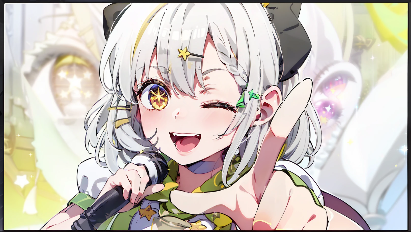 tmasterpiece、The is very detailed、(1 girl in:1.2)、largeeyes、closeup cleavage、A smile、8K、short-hair、anime big breast、Shining eyes、(((White idol costume))), ((((green scarf)))), Dance, Sing, brilliance, be on stage,Green hair accessories, Stage, A light, striated hair, Radiant eyes, mitts, Sing with your mouth open,(((White hair))), ahoge,((((french braid)))),(((((Dark gray corners))))),(((((yellow eyes))))),(Handheld black microphone),(Gold glitter),(golden rays),face,eye_Focus,((Singing)),aiming at viewer,((Point one finger at the viewer)),Ai Hoshino, Striped hair, (((((Star-shaped pupils))))),(((One eye closed))),((((Green hairpins))))