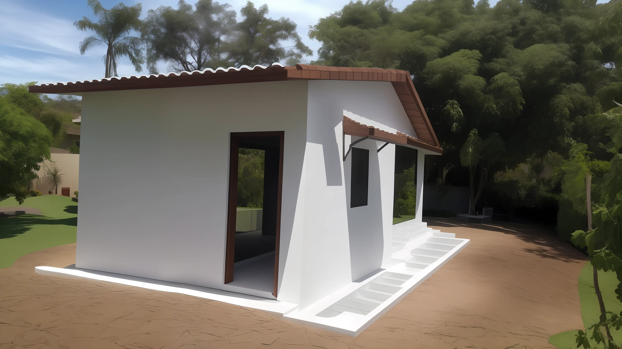 There is a small white building, which is being built with lawn around,, Frente, vista frontal, Vista frontal, vista lateral, lado - vista, casa completa, vista externa, Frente cheia, Lumion Pro rendering, Directed by: CeFerí Olivé, vista lateral frontal, Front view, vista exterior, side view, front view dramatic, Vista lateral acima, vista de lado, Vista frontal