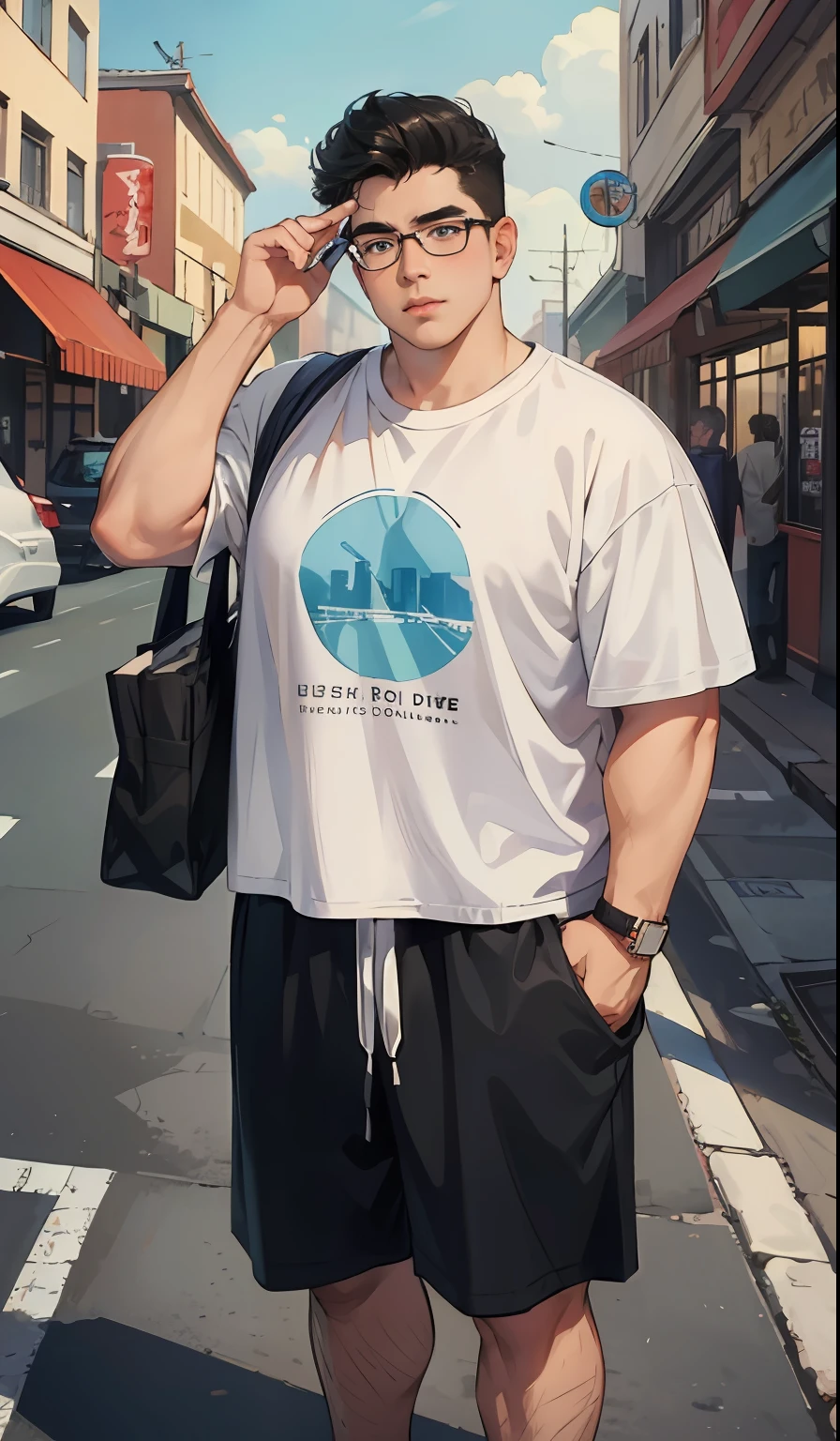 (absurd, high, extremely detailed),((masterpiece)), ((best quality:1.1)), High resolution, 8k,1 chubby, fat boy, 18 age, (dumpling cheeks: 1.1), shaded face, (wearing glasses: 1.1), men's shorts, wide white t-shirt, (black hair, short slicked back hair :0.8),
 blue eyes, looking at the viewer, fat face, hand holding a bag of snacks,
on the road, anime style, city, HDR, HD, clear details