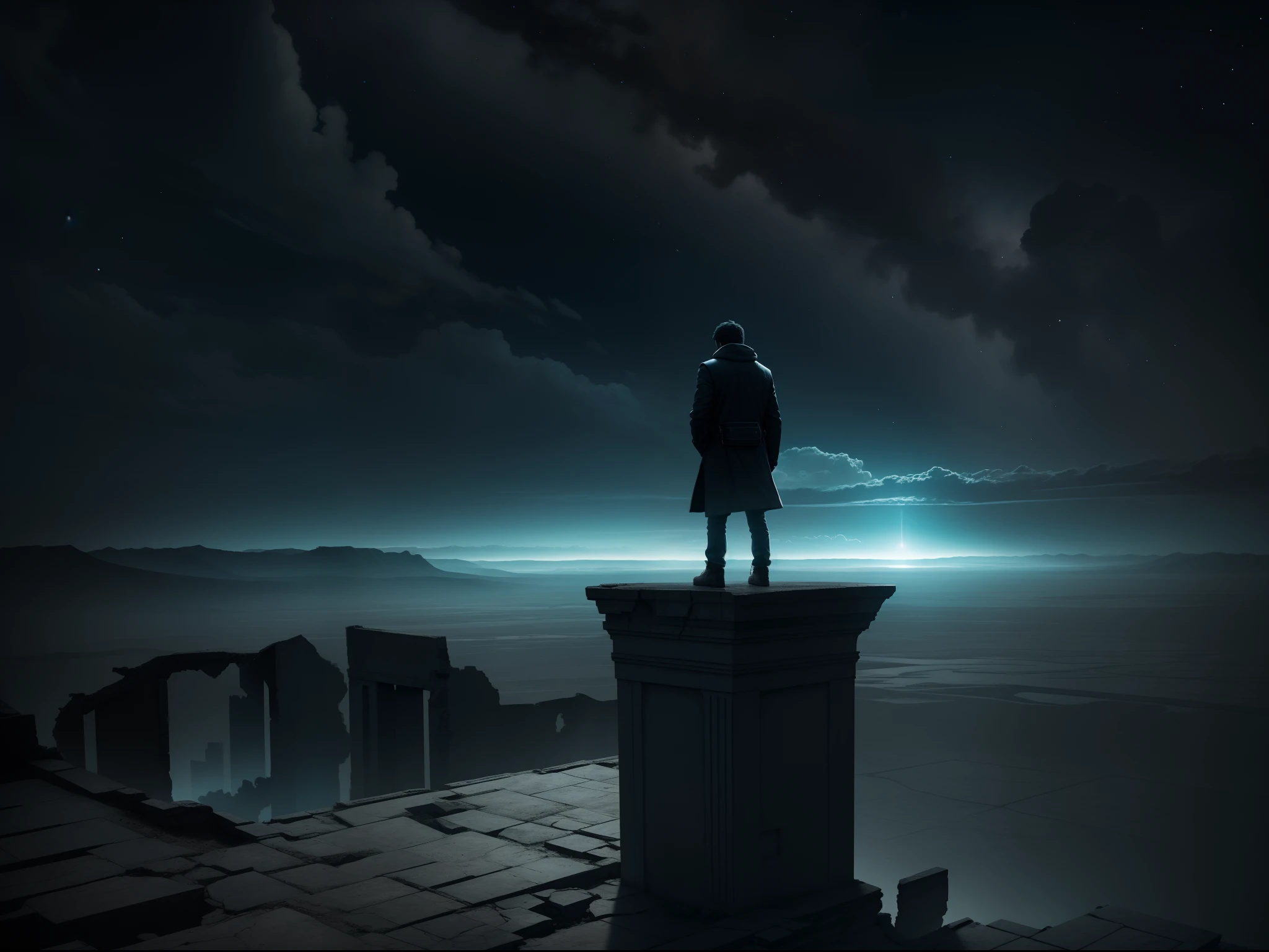 A lonely thinker，Behind him is his hometown that he cannot go back to，In front of his eyes is the vast and boundless universe，He stood above the ruins，It is endless desolation and loneliness