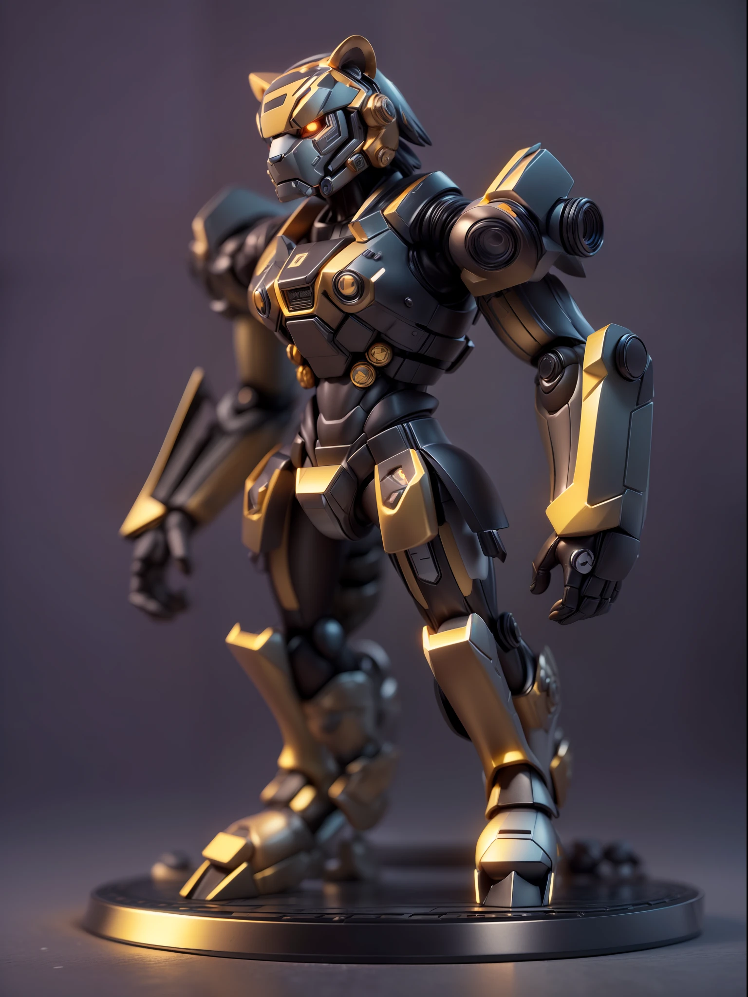 (Blind box toy style:1.3),((Full body shot))(anthropomorphism) , (1 1 strong Tiger mecha warrior)(((solo))) metal mecha,dreamy glow, Clean dark background,black gold style，(circular base）( Global illumination, Ray tracing, hdr, unreal render,reasonable design, high detail, Masterpiece, Best quality, hyper HD, Cinematic lighting)