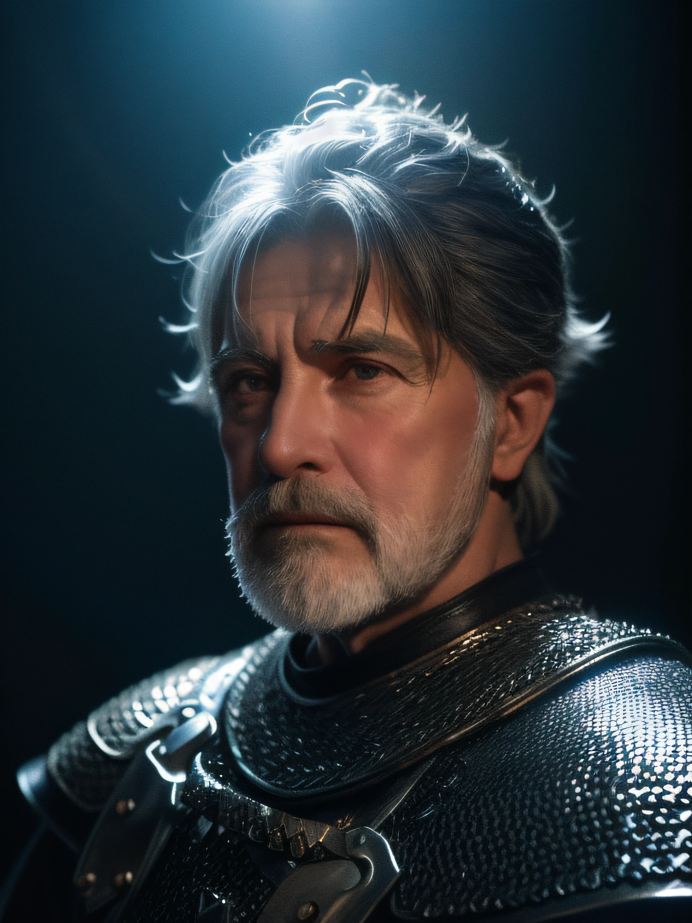 Raw, cinematic shot, (sharp focus:1.5), (photorealistic:1.2), 1boy, medium portrait of (a weary-looking but still proud and fierce-looking old Viking warrior, now the leader of his village, dressed in elaborately detailed chain mail and leather armour, a few torches burn on the walls, giving the scene a dark atmosphere but sculpting the forms in sharp chiaroscuro), it is night time, dark lighting, twilight lighting, volumetric lighting,