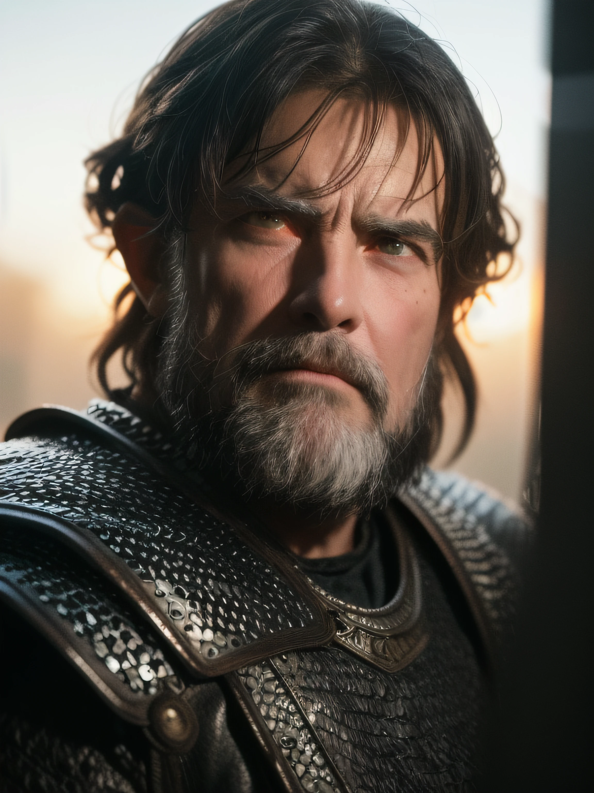 Raw, cinematic shot, (sharp focus:1.5), (photorealistic:1.2), 1boy, medium portrait of (a weary-looking but still proud and fierce-looking old Viking warrior, now the leader of his village, dressed in elaborately detailed chain mail and leather armour, a few torches burn on the walls, giving the scene a dark atmosphere but sculpting the forms in sharp chiaroscuro), it is night time, dark lighting, twilight lighting, volumetric lighting,