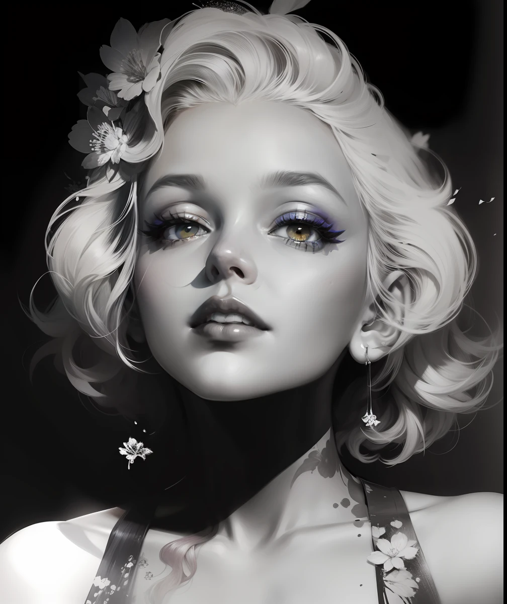 a painting by mse Marilyn Monroe by agnes cecile,1 girl, solo,face among the flowers, luminous design, pastel colours, mute color,  ink drips, autumn lights, Create a digital art work in pop art style, featureing a vibrant and confident woman with bold makeup and colorfull fashion, cover with flowers on hair, cinematic color scheme, surrounded by abstract flower patterns,flowers backgroung, energtic brush strokes, the mood should be dynamic.