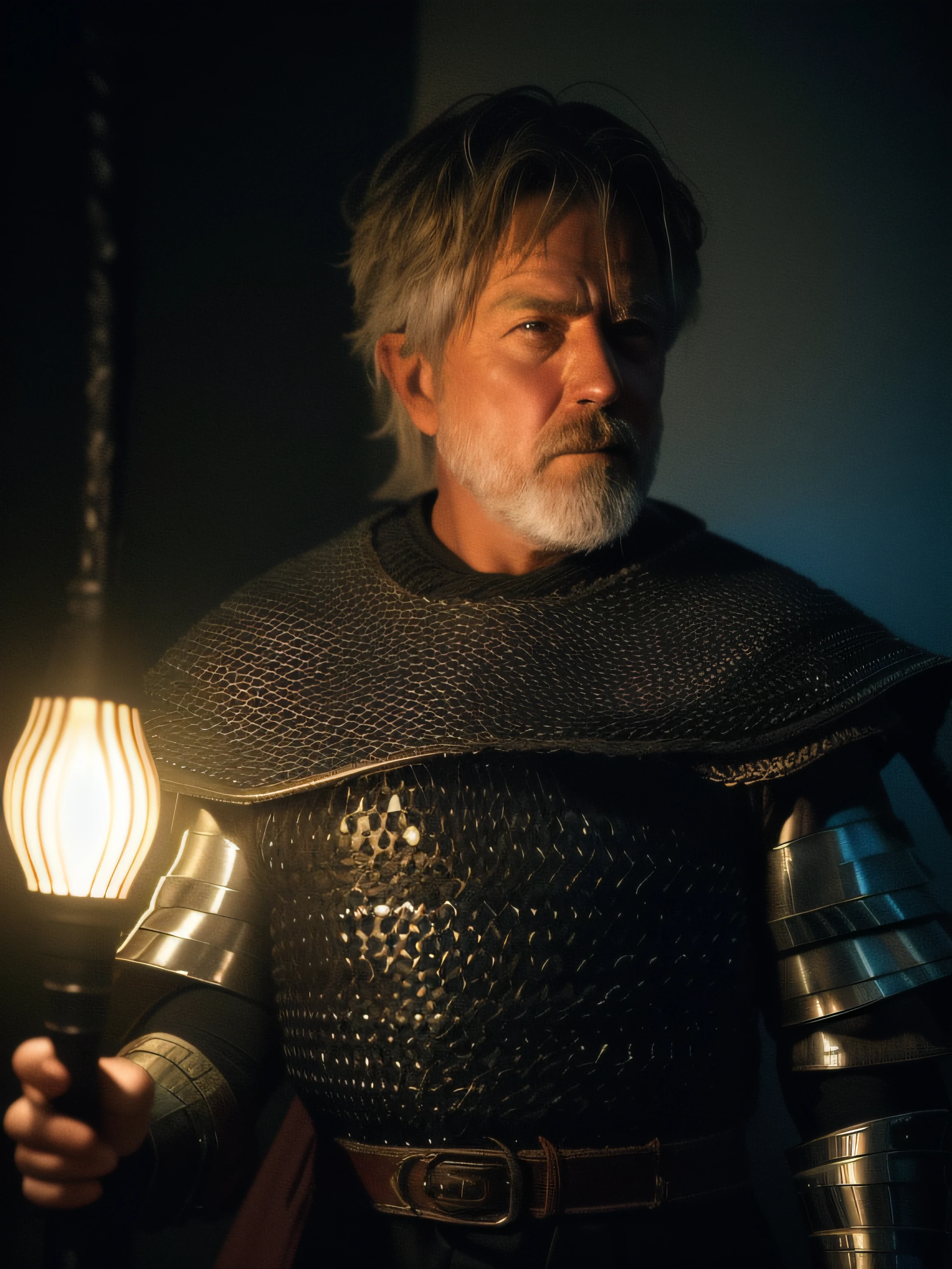 Raw, cinematic shot, (sharp focus:1.5), (photorealistic:1.2), 1boy, medium portrait of (a weary-looking but still proud and fierce-looking old Viking warrior, now the leader of his village, dressed in elaborately detailed chain mail and leather armour, a few torches burn on the walls, giving the scene a dark atmosphere but sculpting the forms in sharp chiaroscuro), it is night time, dark lighting, twilight lighting, volumetric lighting,