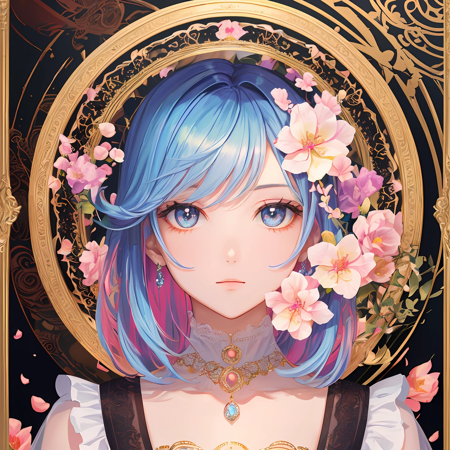 Beauty 1 person、(​masterpiece、top-quality、top-quality、Beautifully Aesthetic:1.2)、(1girl in:1.3)、(Fractal Art:1.3)、Round picture frame、rainbow-colored hair、Shining jewelry hair ornament、Flowers in full bloom、Detailed amount、Dynamic