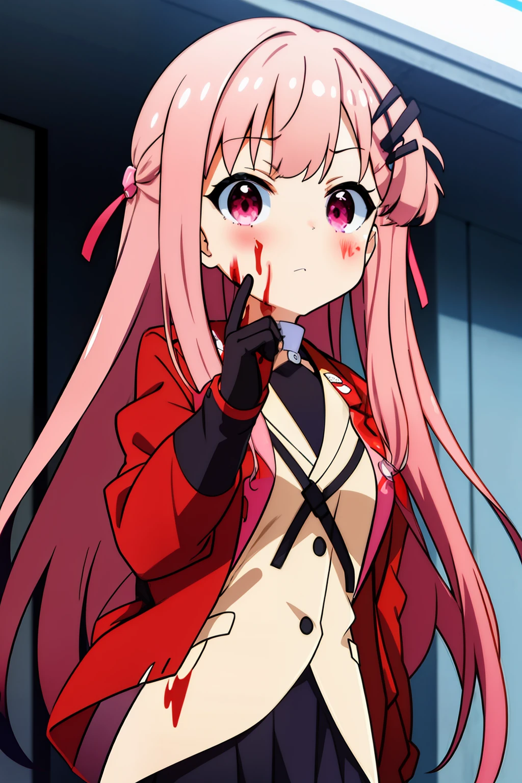 masterpiece, girl, long hair, blood, make a piece sign, wearing jacket, best quality