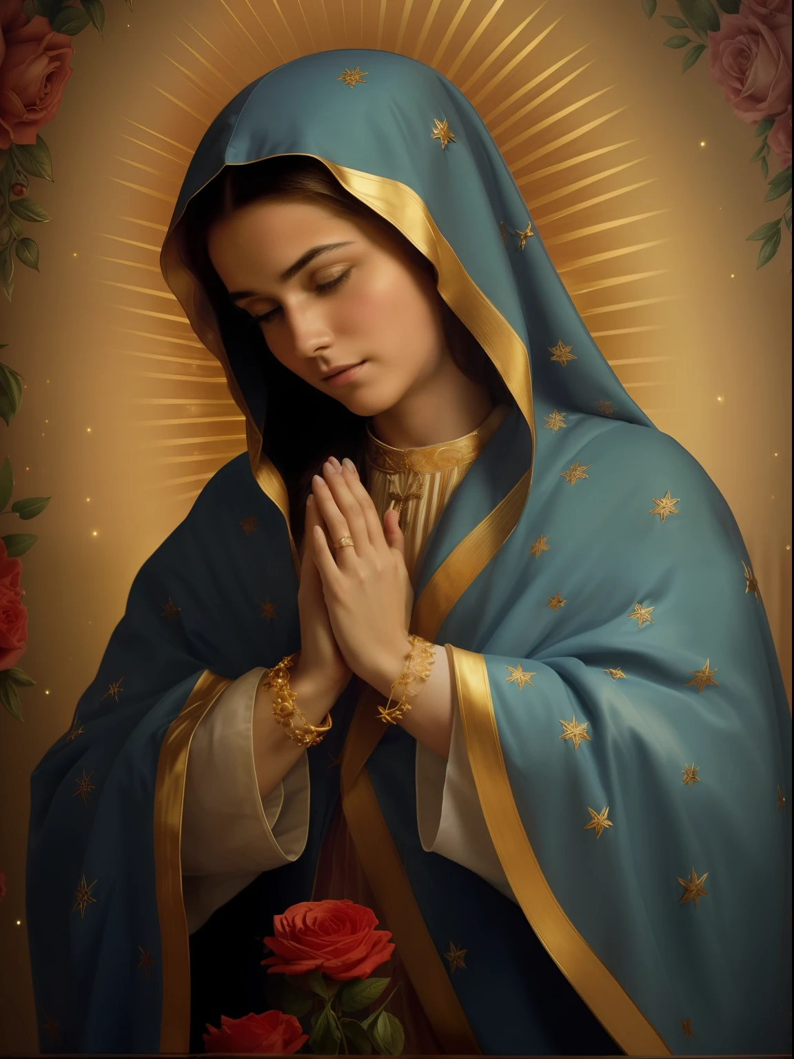 ((Blessed Virgin Mary. 19 years old))) ((( Con una cara seria y piadosa. Con una mirada dulce y tierna))) (obra maestra, calidad superior, mejor calidad, arte oficial, beautiful and aesthetic: 1.2), (1girl), extremadamente detallado, (Arte fractal: 1.3), colorido, highest detailed, Cara perfecta, parte superior del cuerpo, HDR, (orando: 1.3), (golden lines of white coat: 1.2), galaxia, (rayas de luz), eye-catching visuals, (dynamic stripes, senderos luminosos: 1.2), colores vibrantes,