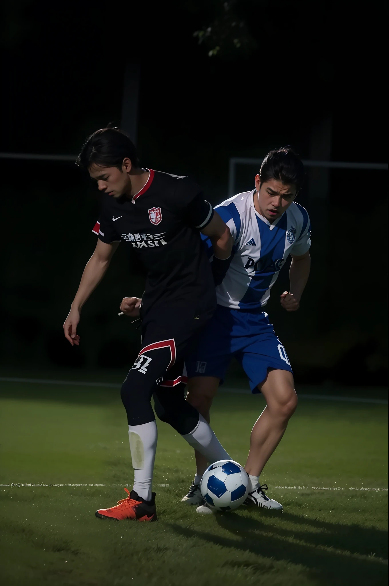 They play football on the pitch at night, taken with canon 8 0 d, action shot, play soccer, best qualtiy, tmasterpiece, 超A high resolution, (realisticlying:1.5), RAW photogr,in the darkness nigth, deep shading, low tune, cold light, short detailed hair,Jet black hair, surrealism, surrealism, Cinematic lighting, 8K, Super detail, High details, High quality, Award-Awarded, A high resolution, 16k, Anatomically correct, Textured skin