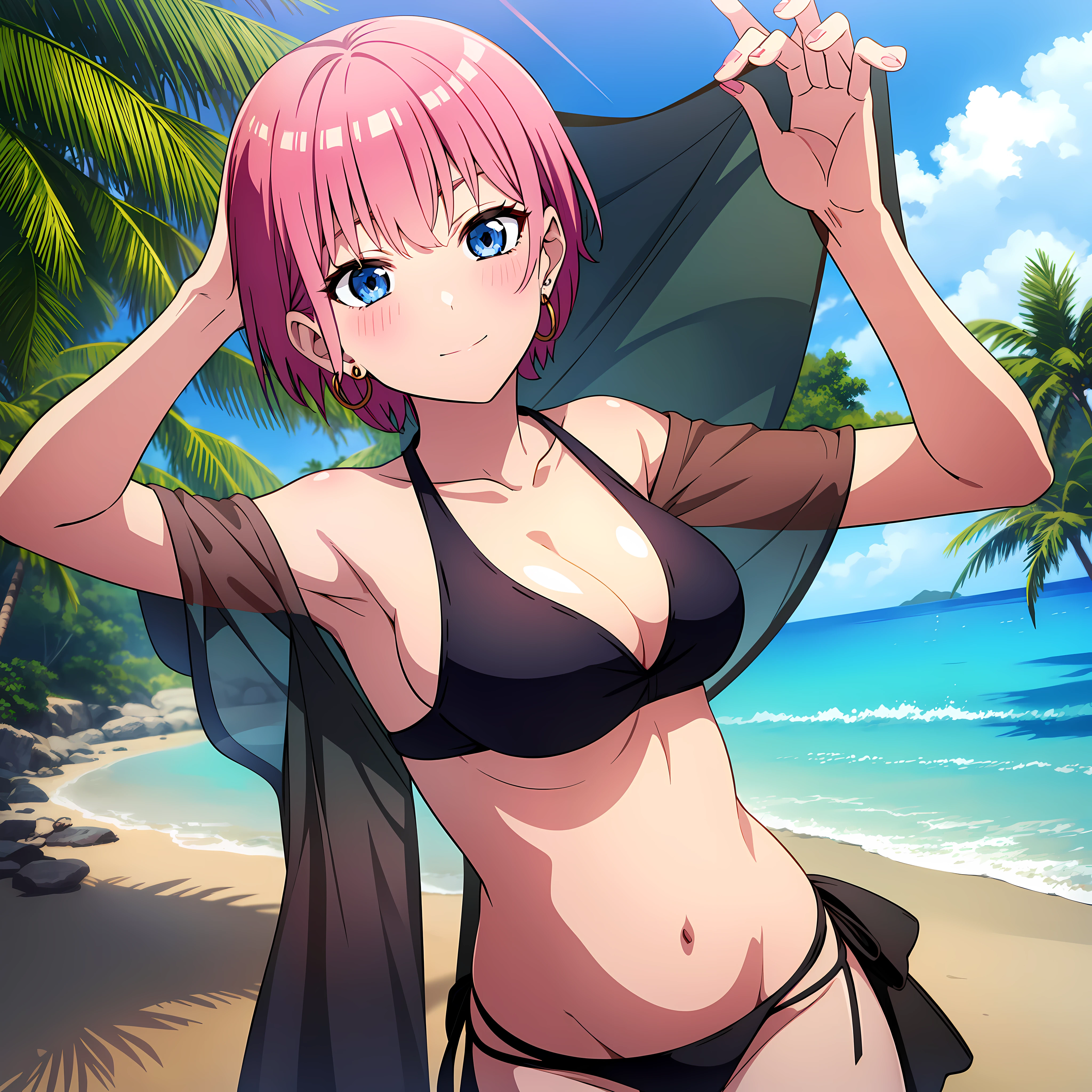 ichika, ichika nakano, season 2, masterpiece, best quality, 1girl, blue eyes, pink hair, closed mouth, earrings, hoop earrings, jewelry, crop tops, short hair, solo, breasts, black bikini, ocean view, coconut trees, waves