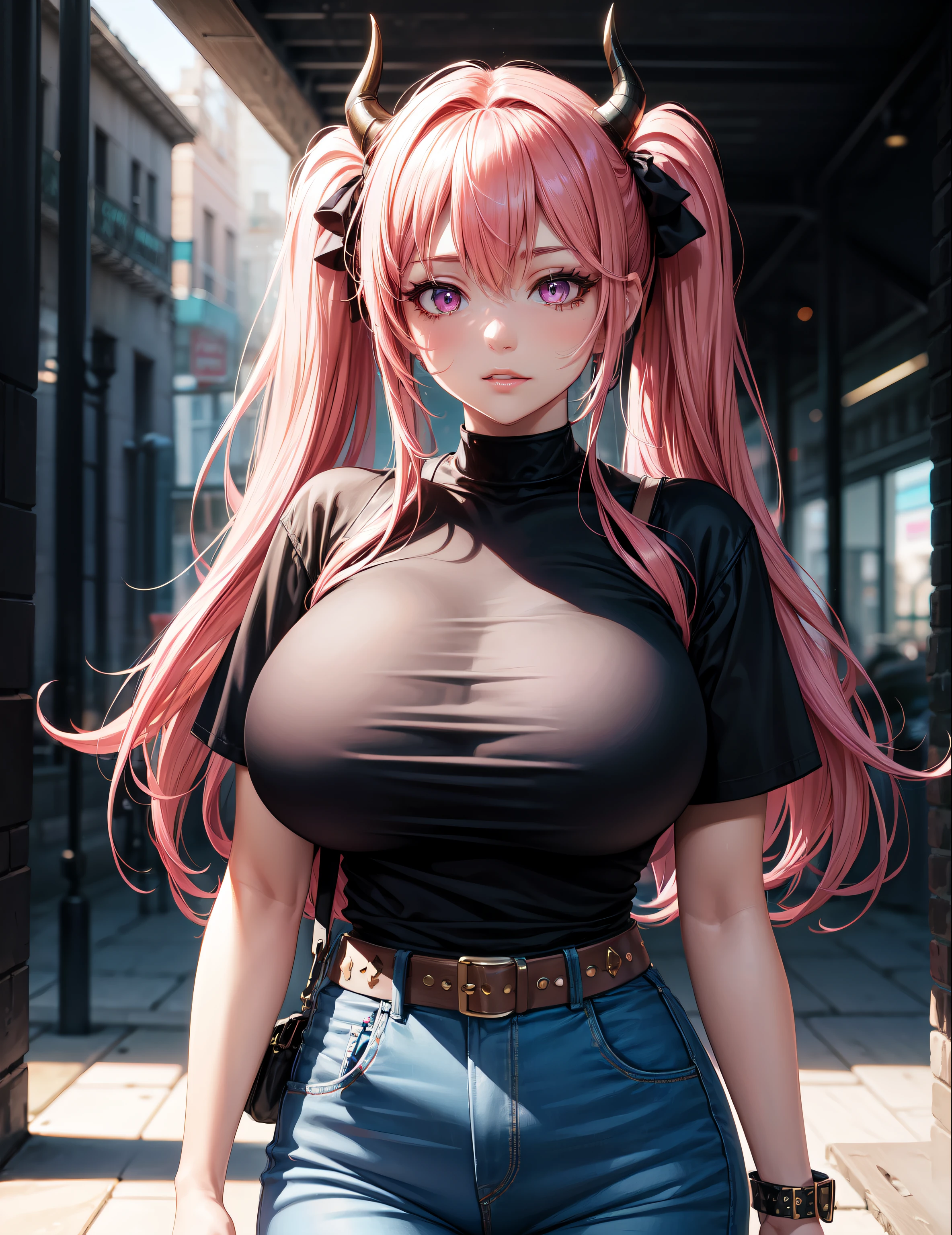 4k, twin tails ,Lens flare, pink hair ,mascara, eyeliner, god rays, 4k, 8k, best quality, masterpiece, hyper detailed, intricate detail, 1girl, solo, detailed, Detailed fuschia hair ++, detailed pink eyes ++,  raytracing, perfect shadow, highres, enhanced eyes,  huge breasts, horns, seductive,  hyper detailed, interesting background, , detailed face,  volumptuous, colourful background,
Distressed Skinny Jeans, Studded Belt, Band Tee