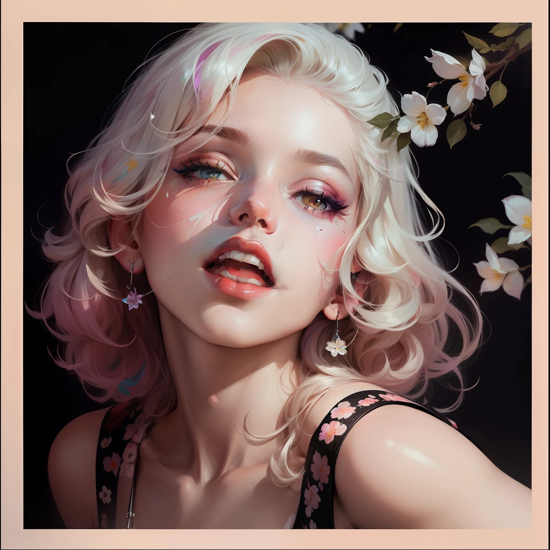 a painting by mse Marilyn Monroe by agnes cecile,1 girl, solo,face among the flowers, luminous design, pastel colours, mute color, ink drips, autumn lights, Create a digital art work in pop art style, featureing a vibrant and confident woman with bold makeup and colorfull fashion, cover with flowers on hair, cinematic color scheme, surrounded by abstract flower patterns,flowers backgroung, energtic brush strokes, the mood should be dynamic.