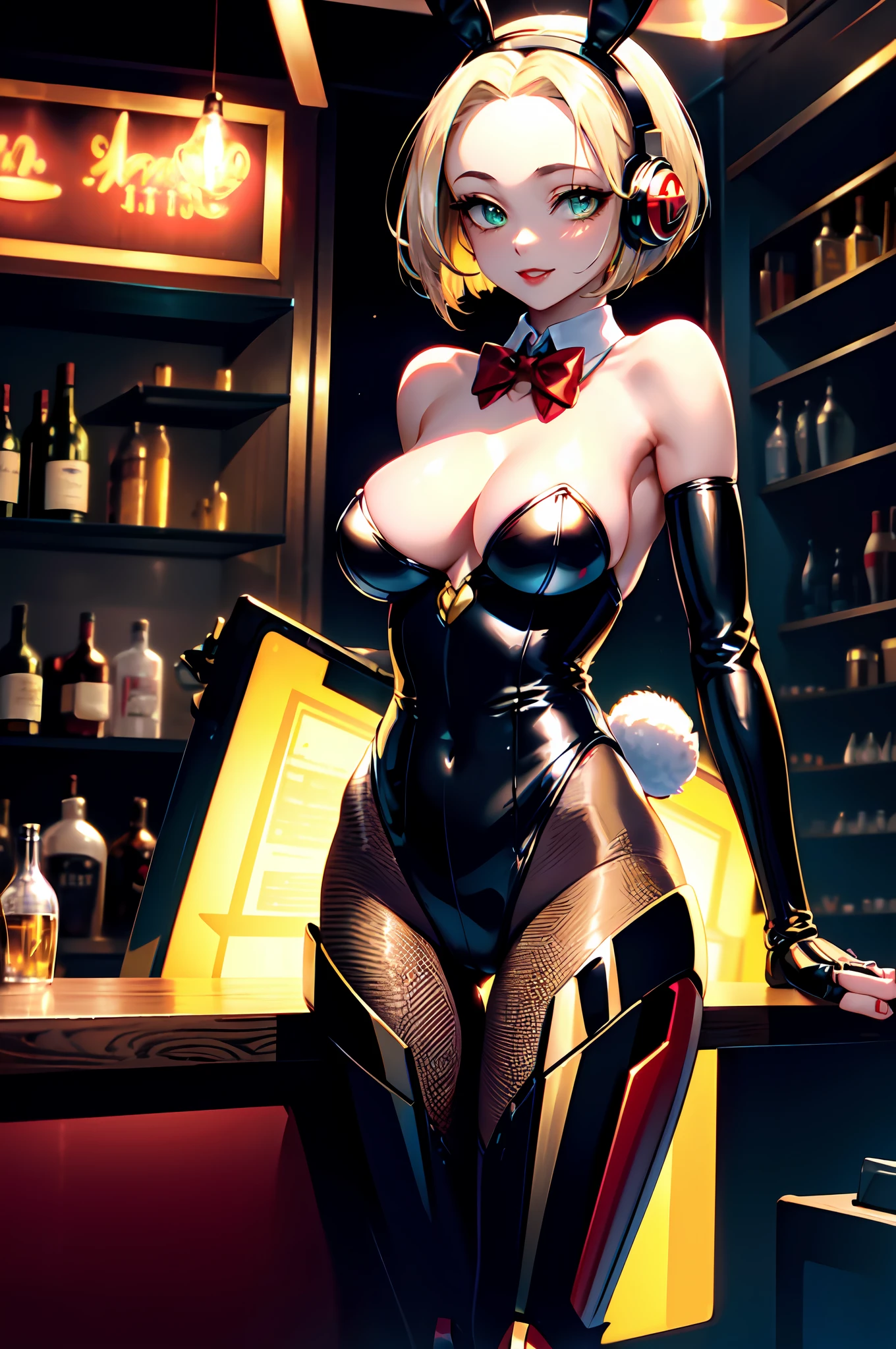 Top quality, intricate detail, super detailed, accurate depiction, highly detailed 8k wallpaper, beautiful mechanical woman, solo, (half closed eyes, green eyes), (masterpiece eyes:1.5), BREAK, seductive smile, (mechanical bunny girl: 1.3), (black exoskeleton leotard: 1.5), (golden color mechanical joints, mechanical arms, mechanical legs:1.2), (exposed armpits), BREAK, (long eyelashes, red lips), bowtie, rabbit ear headphones, rabbit tail, (blonde hair, bob cut), (forehead:1.3), BREAK, Flat_Chest, Huge_breasts, wide_lower back, (5fingers, 4fingers and 1thumb), BREAK, cyberpunk, (bar), bar counter and round chairs, wine, whiskey, bourbon, neon signboard, (arms behind back),