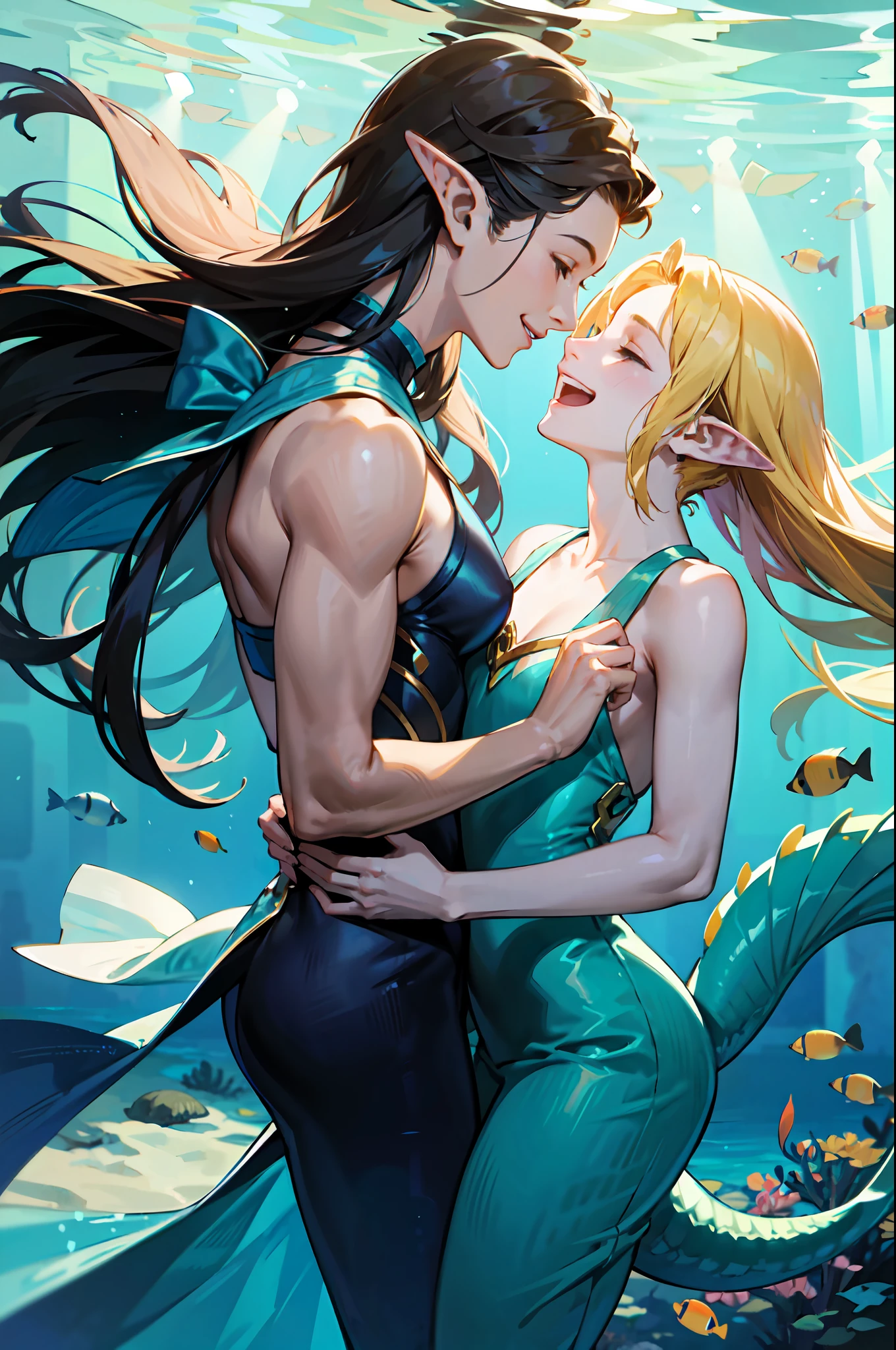 (absurdres, highres, ultra detailed, realistic) Two adorable mermaids with elf ears, their laughter echoed through the underwater kingdom. They danced gracefully among colorful coral reefs, their tails shimmering in the sunlight. Unaware of the human world above, they found solace in their enchanting realm. With their friendship as deep as the ocean, they explored secret caves and discovered hidden treasures. Their laughter filled the sea, a melody that enchanted all who heard it. No humans could compare to the magical bond they shared, for their love was pure and eternal.