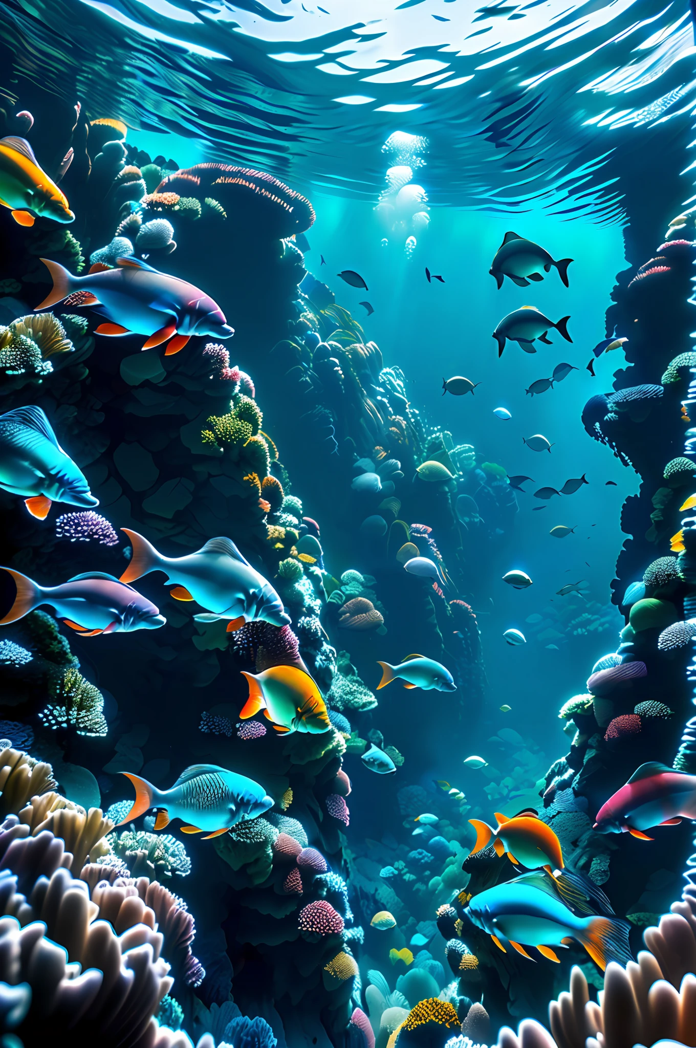 A living underwater city, illuminated by bioluminescent corals and aquatic plants, where fish of all kinds swim gracefully around. In the city center there is a huge, ornate shell throne adorned with pearls and shell jewellery, surrounded by colorful fish, carriages drawn by dolphins carrying dignitaries to the palace, giant sharks