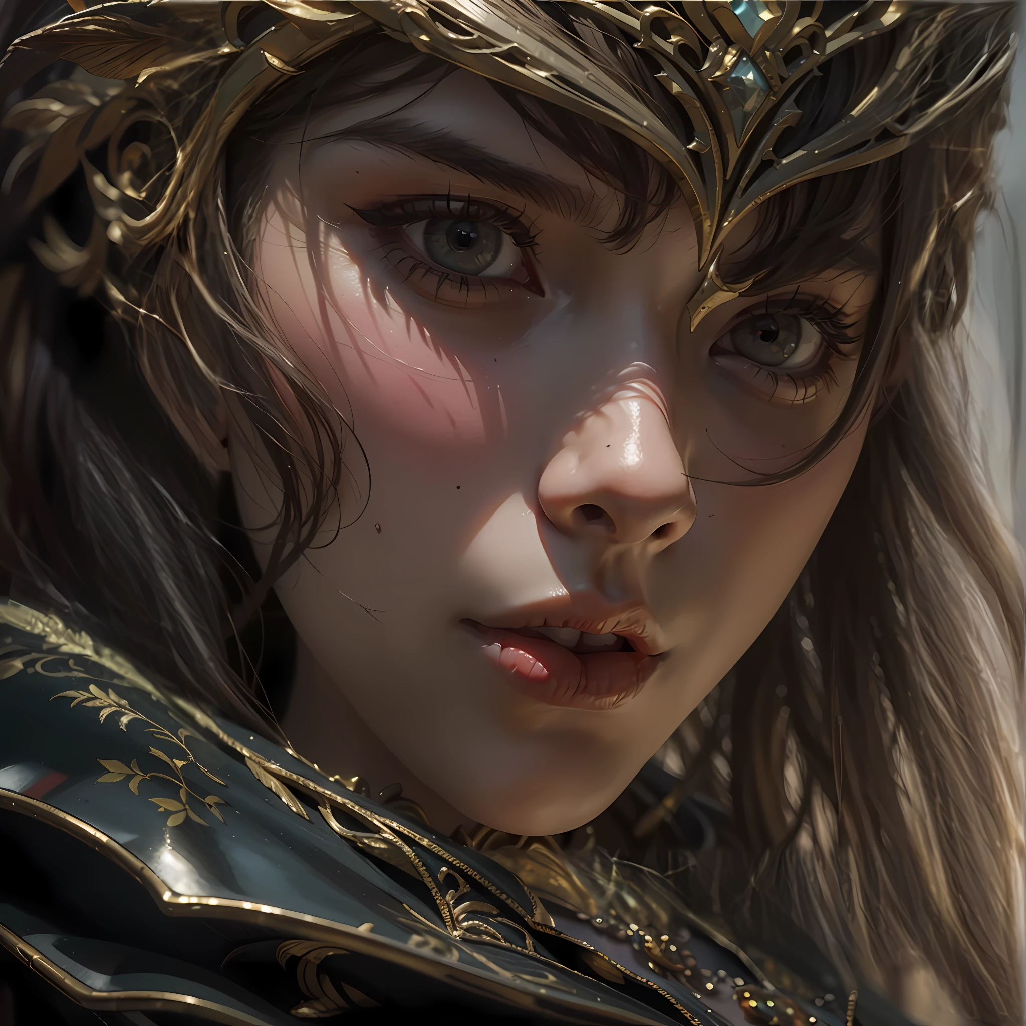 Beautiful extreme close-up portrait painting of perfect female elf warrior, shapeless long hair, perfect features, (wearing black and gold ornate elven armor), abstract beauty, near perfection, pure form, dynamic pose, ethereal background, (deep dark shadows), (strong cinematic lighting), (strong rim lighting), concept art by Greg Rutkowski and John William Waterhouse and Alphonse Mucha, intricate detail, 8k post-production, High resolution, super Detail, trending on ArtStation, sharp focus, depth of field f/1.8, studio photos.