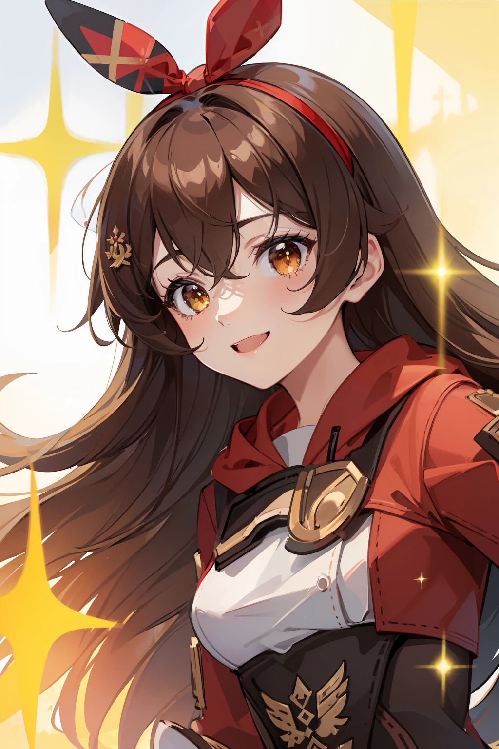 (masterpiece), (best quality), (ultra detailed),(disheveled hair),(illustration), (1girl), long brown hair, red headband, red sleaves, brown shorts, white shirt, white socks, happy smile, close up shot portrait face, yellow sparkles shining