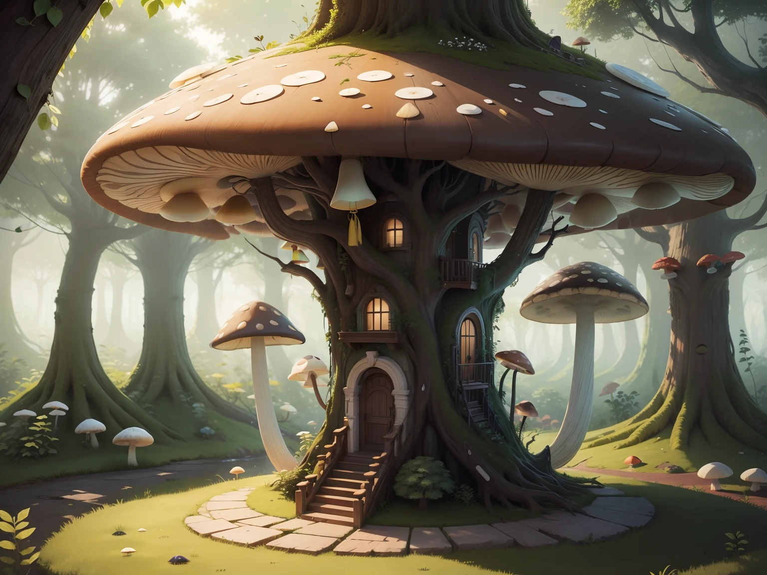 mushroom tree apartments, so many mushrooms, photorealistic nature, green concept, exterior designs of experts, greeny nature, future.