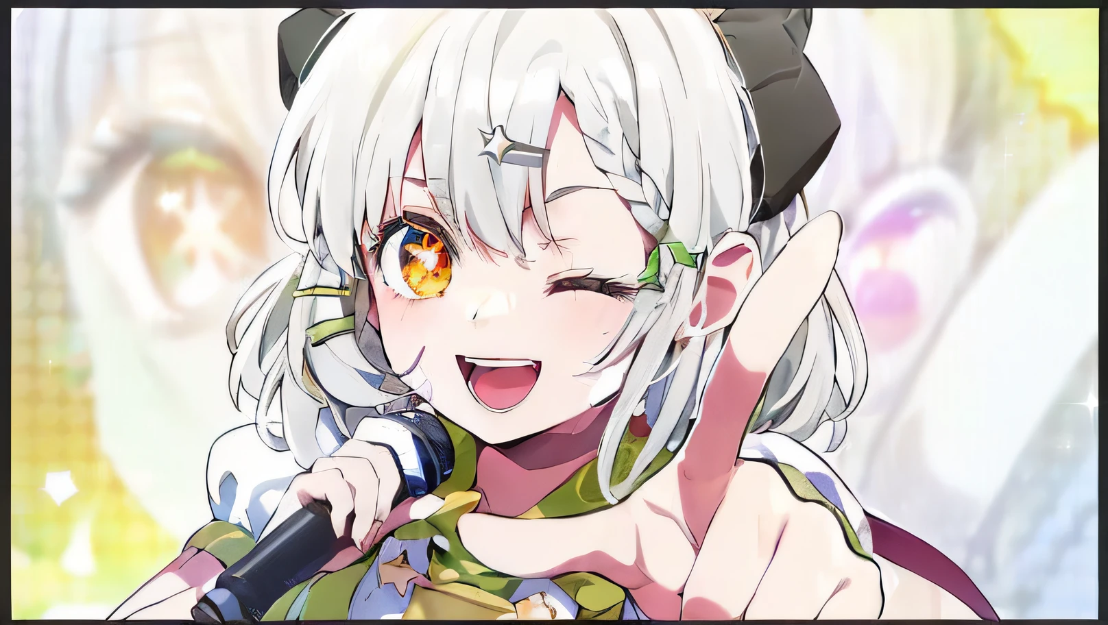 tmasterpiece、The is very detailed、(1 girl in:1.2)、largeeyes、closeup cleavage、A smile、8K、short-hair、anime big breast、Shining eyes、(((White idol costume))), ((((green scarf)))), Dance, Sing, brilliance, be on stage,Green hair accessories, Stage, A light, striated hair, Radiant eyes, mitts, Sing with your mouth open,(((White hair))), ahoge,((((french braid)))),(((((Dark gray corners))))),(((((yellow eyes))))),(Handheld black microphone),(Gold glitter),(golden rays),face,eye_Focus,((Singing)),aiming at viewer,((Point one finger at the viewer)),Ai Hoshino, Striped hair, (((((Star-shaped pupils))))),(((One eye closed))),((((Green hairpins))))