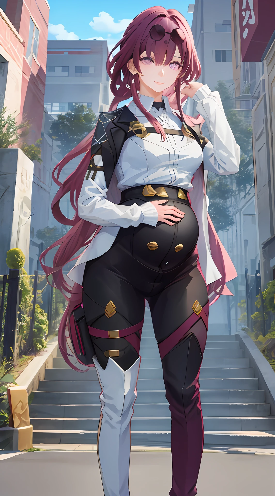 TakaRi, 独奏, 1girll, whaite hair, long whitr hair, Purple eye, ssmile, standing on your feet, dynamicposes, 8K, tmasterpiece, best qualtiy, absurderes, Perfect anatomy, cinmatic lighting, cowboy lens, (Police uniform:1.1), trouser,Pregnant belly,Pregnant belly,Cover your stomach in pain